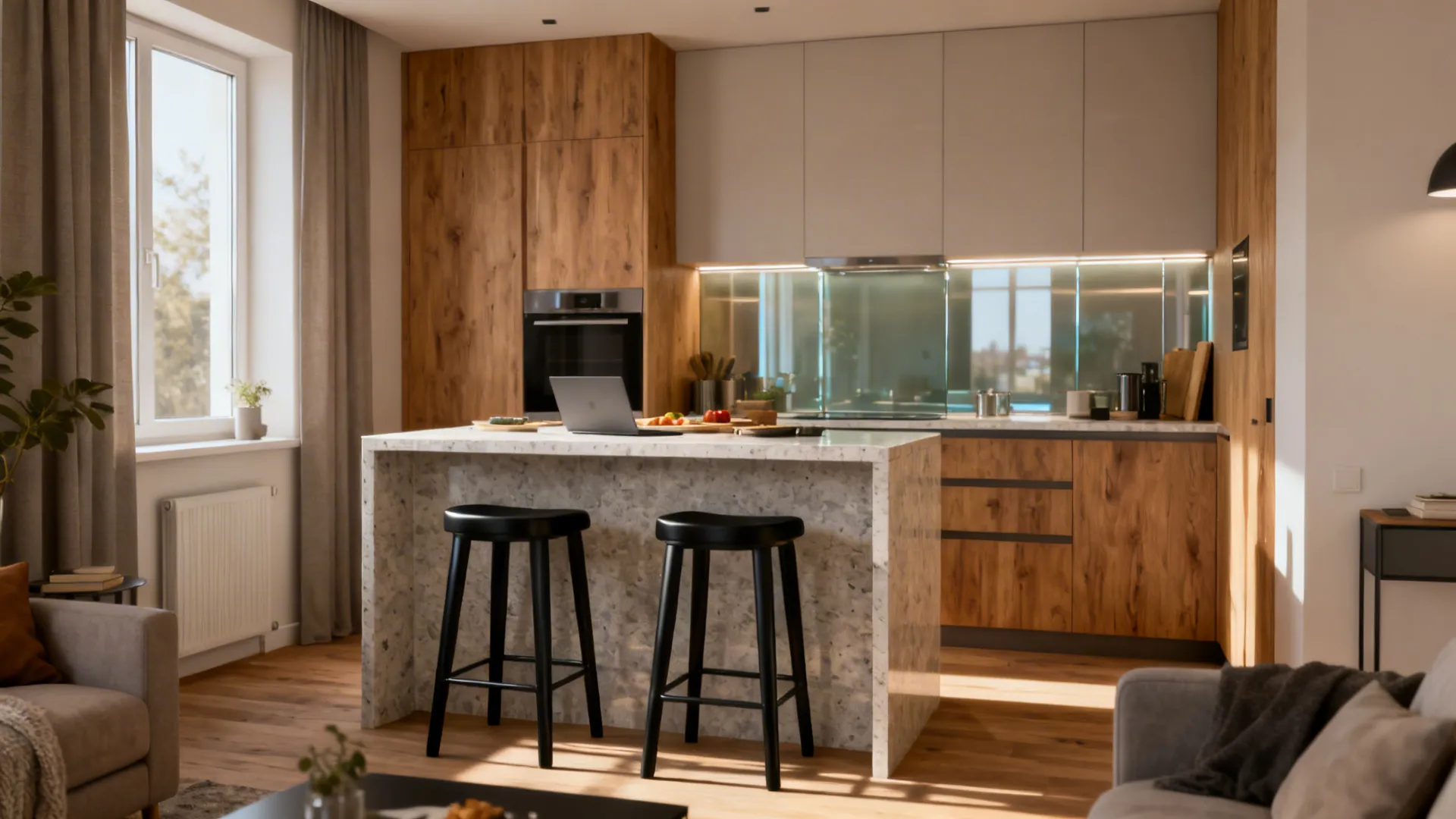 Modern kitchen with wood cabinets white upper cabinets marble island two black stools and sunlight