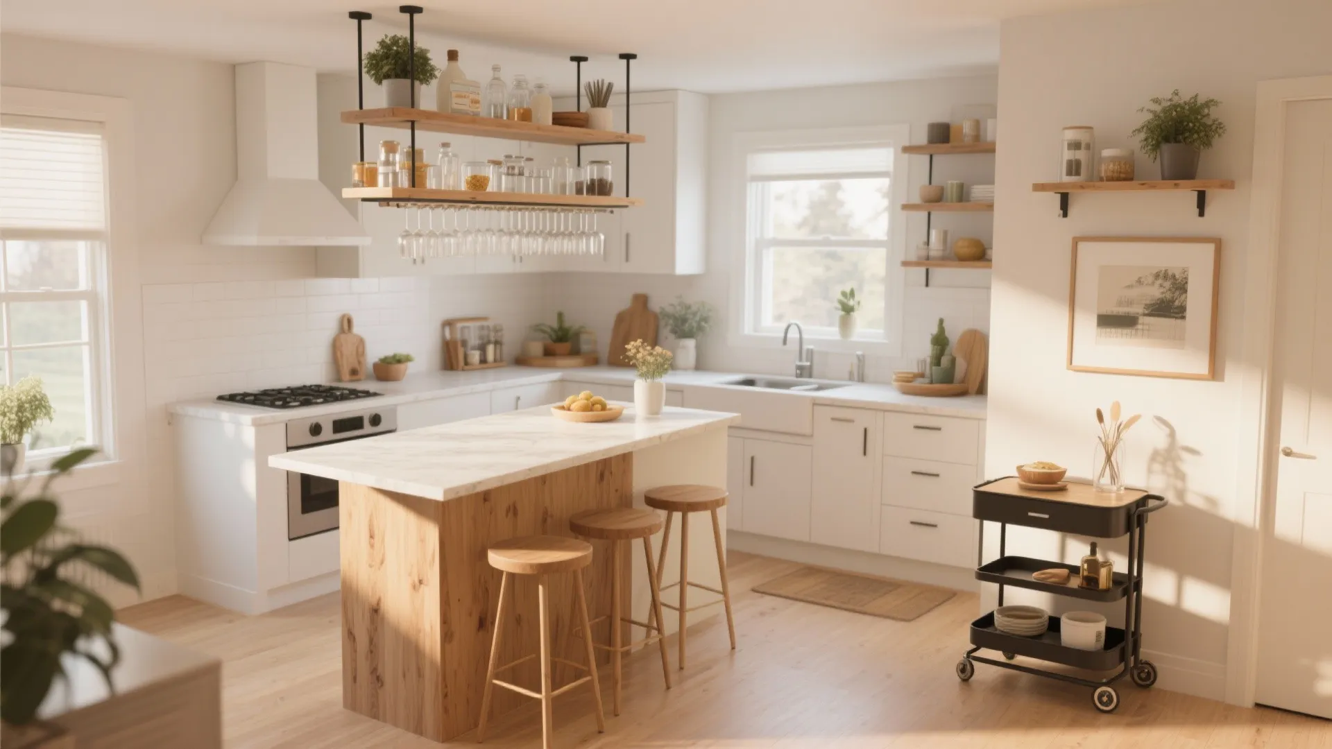 Bright white kitchen interior featuring a wood island with three stools and hanging glass storage