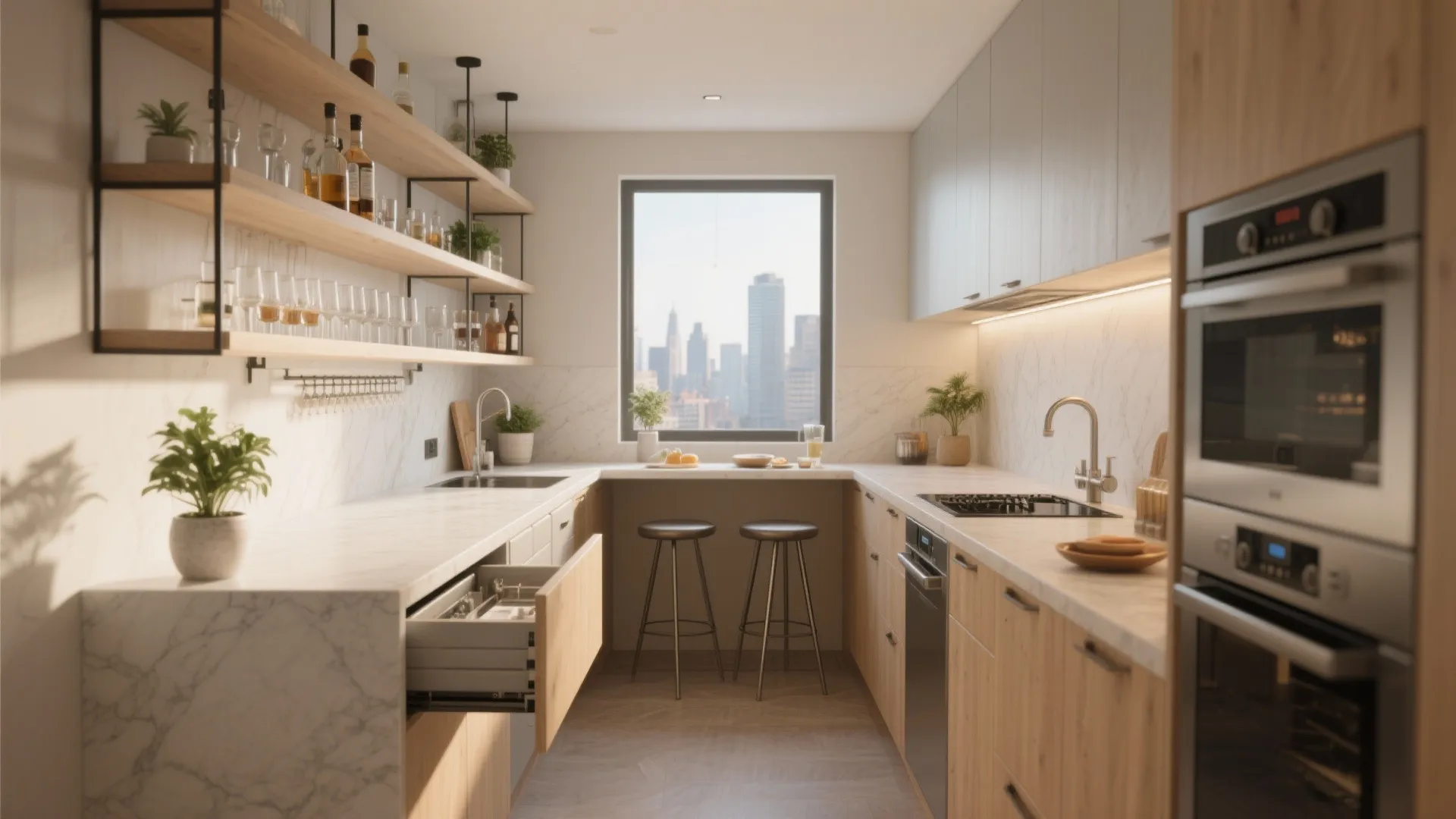 Small modern kitchen with marble countertops wooden cabinets open shelving city view window and stools