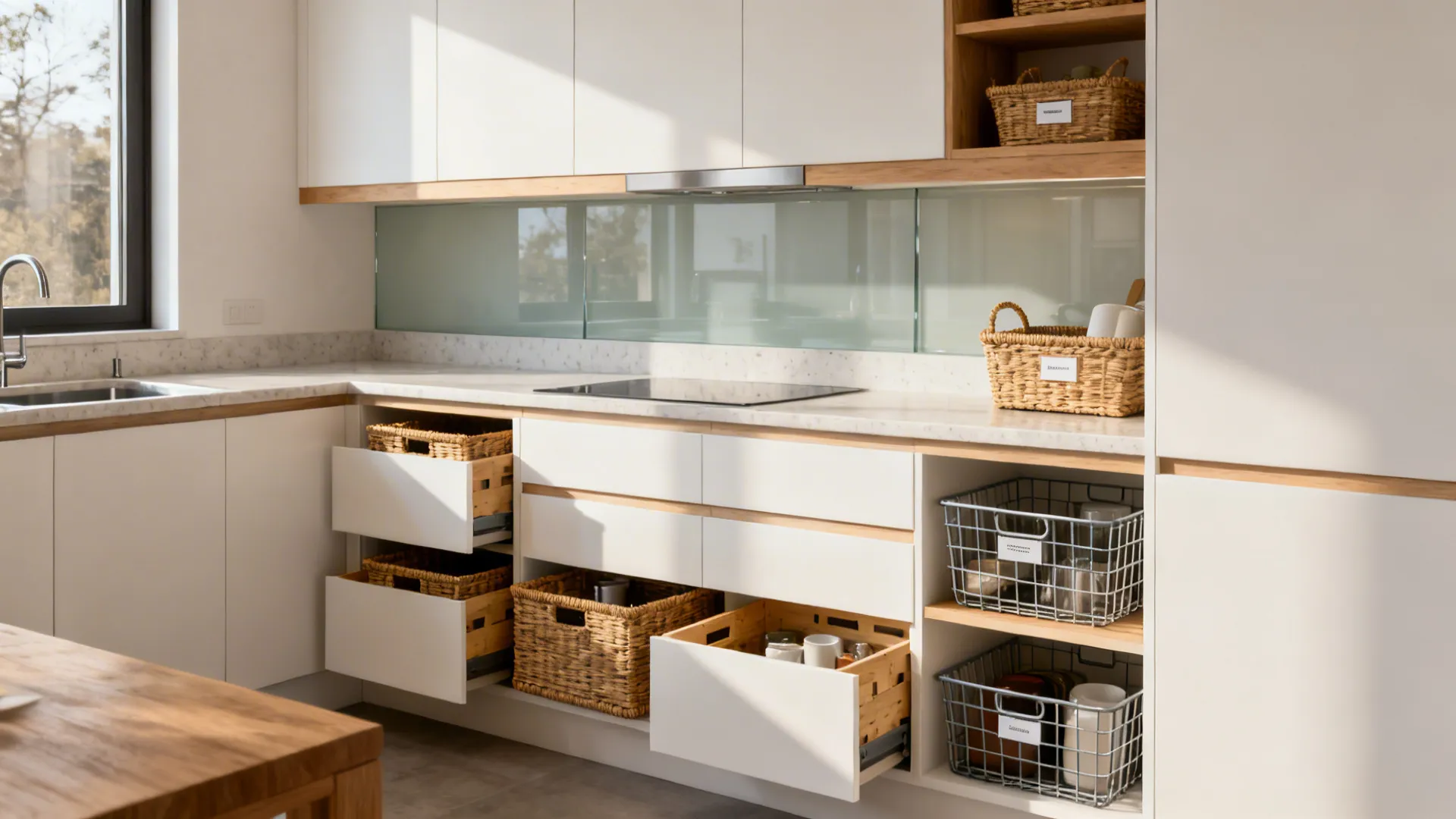 Modern white kitchen cabinets with open drawers featuring woven baskets and metal wire storage containers