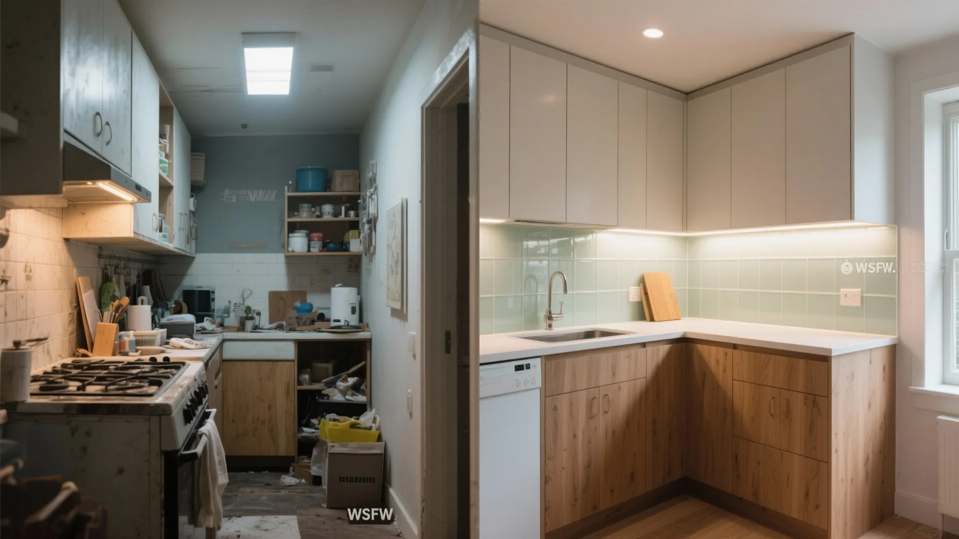 Before and after comparison of messy old kitchen versus clean modern kitchen with wood cabinets
