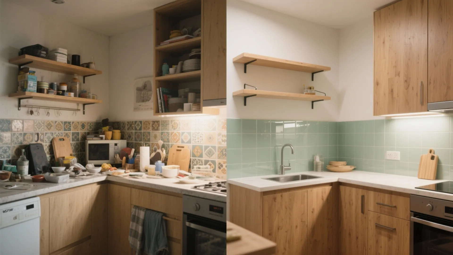 Before and after comparison of a messy old kitchen and a clean modern kitchen design renovation