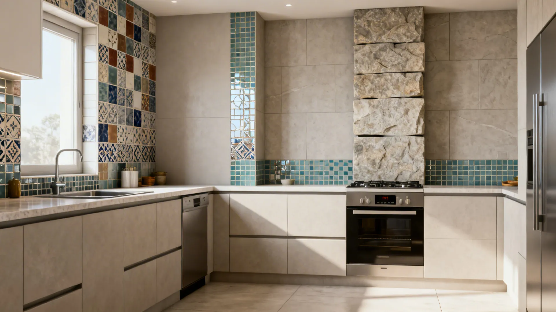 Before and after of a small kitchen showing cohesive tile choices that amplify light and space.