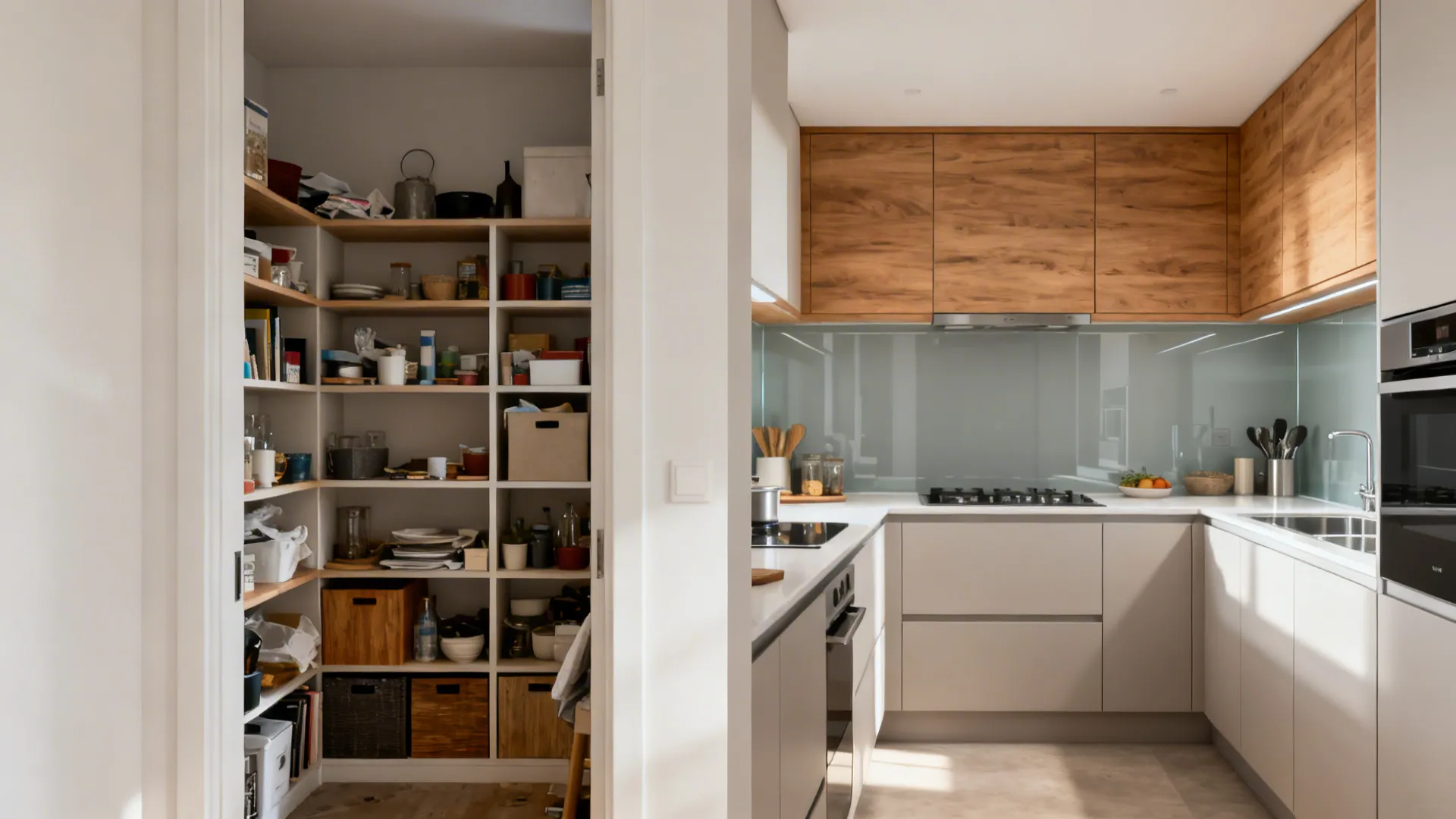 Split view of a small kitchen before cluttered and after with clean L-shaped layout, glass backsplash, and wood accents.