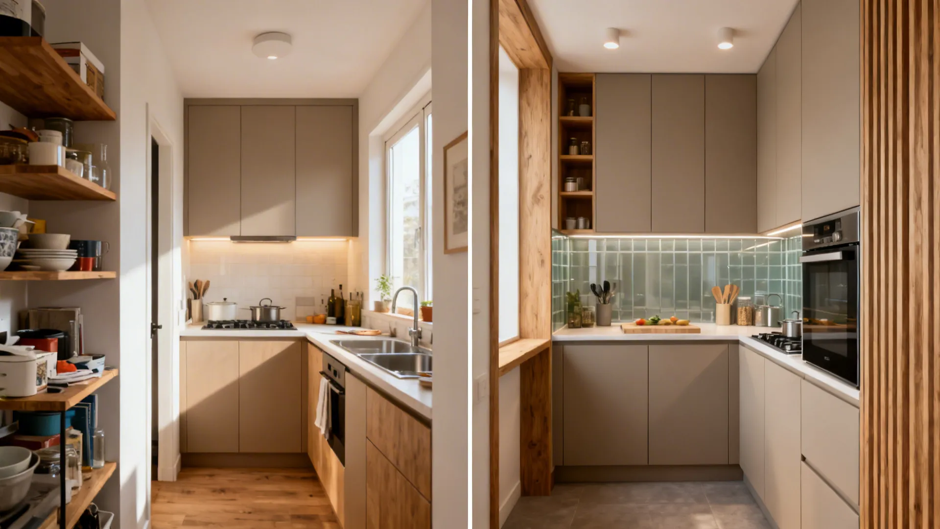 Before-and-after of a small kitchen transformed with modular storage and better lighting.