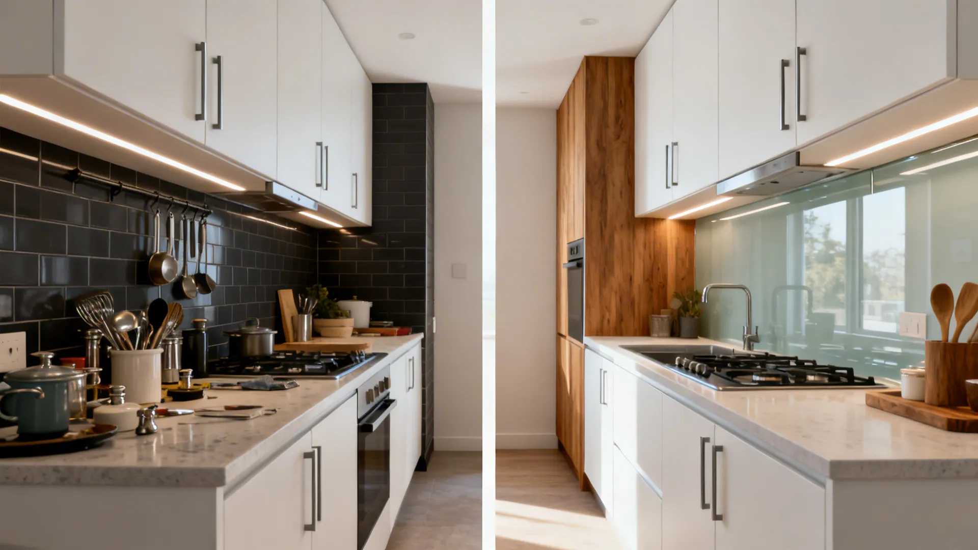 Before-and-after of a compact kitchen showing a shift from cluttered to minimalist with wood accents and glass backsplash.