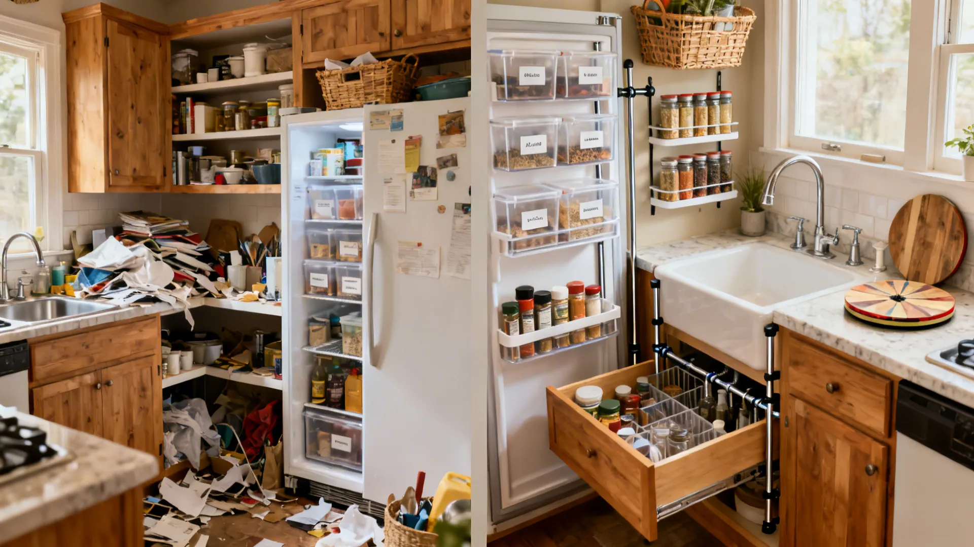 Before-and-after view of a tiny kitchen transformed with door baskets, clear bins, risers, rods, and a lazy Susan.