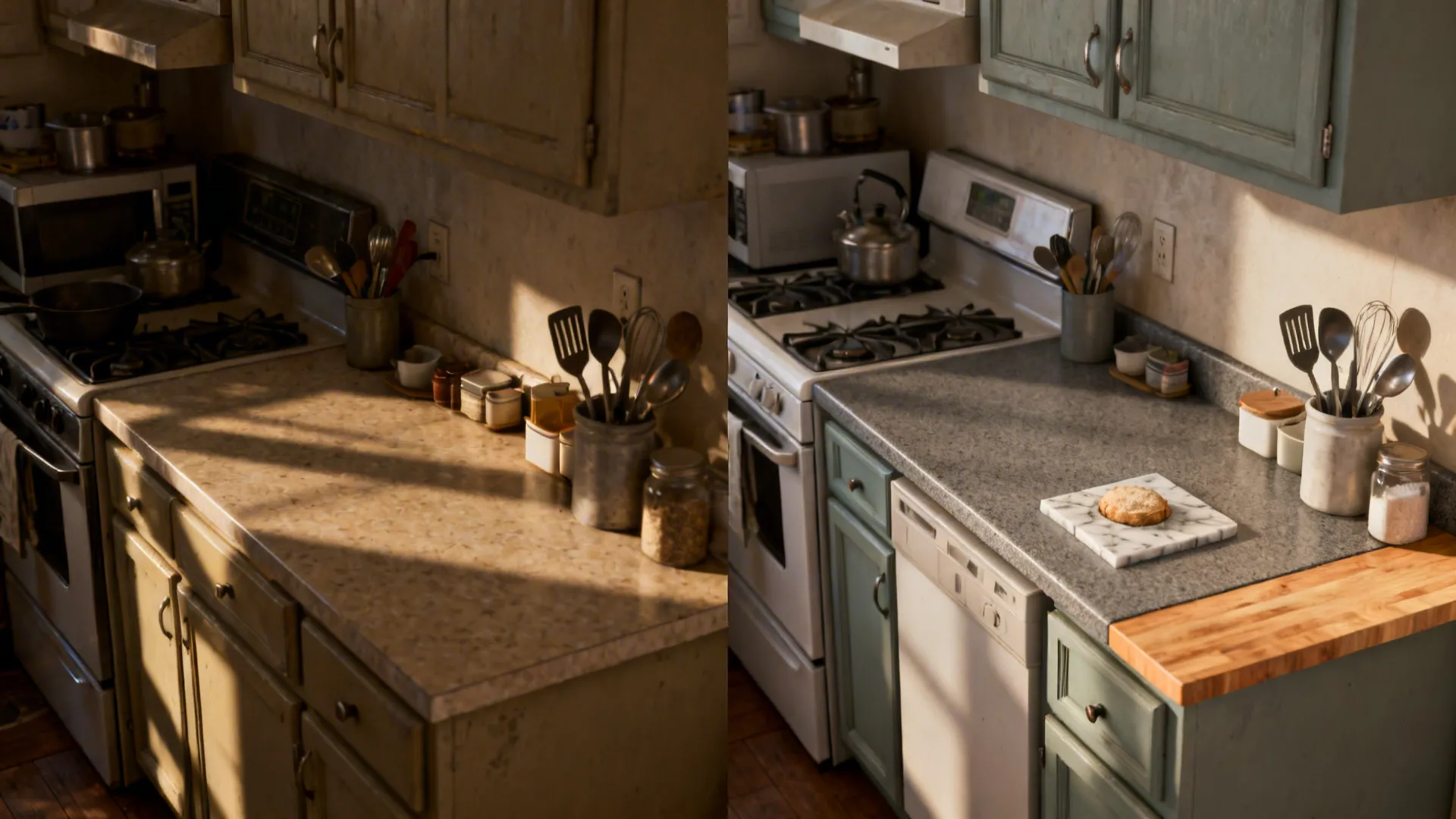 Before-and-after of a small kitchen upgrading to quartz, marble insert, and butcher block.
