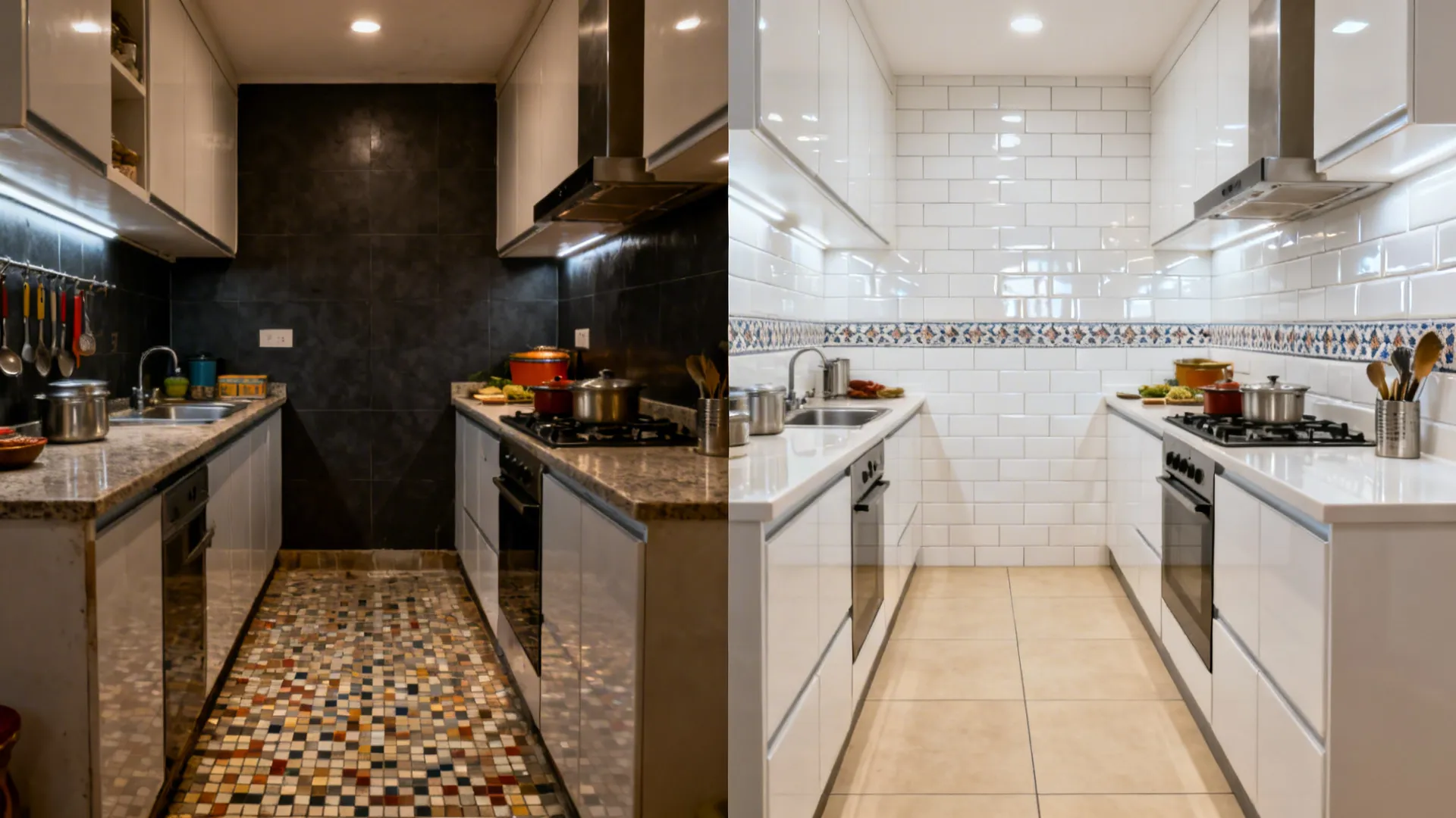 Before-and-after compact kitchen with new glossy backsplash and matte large-format floors.
