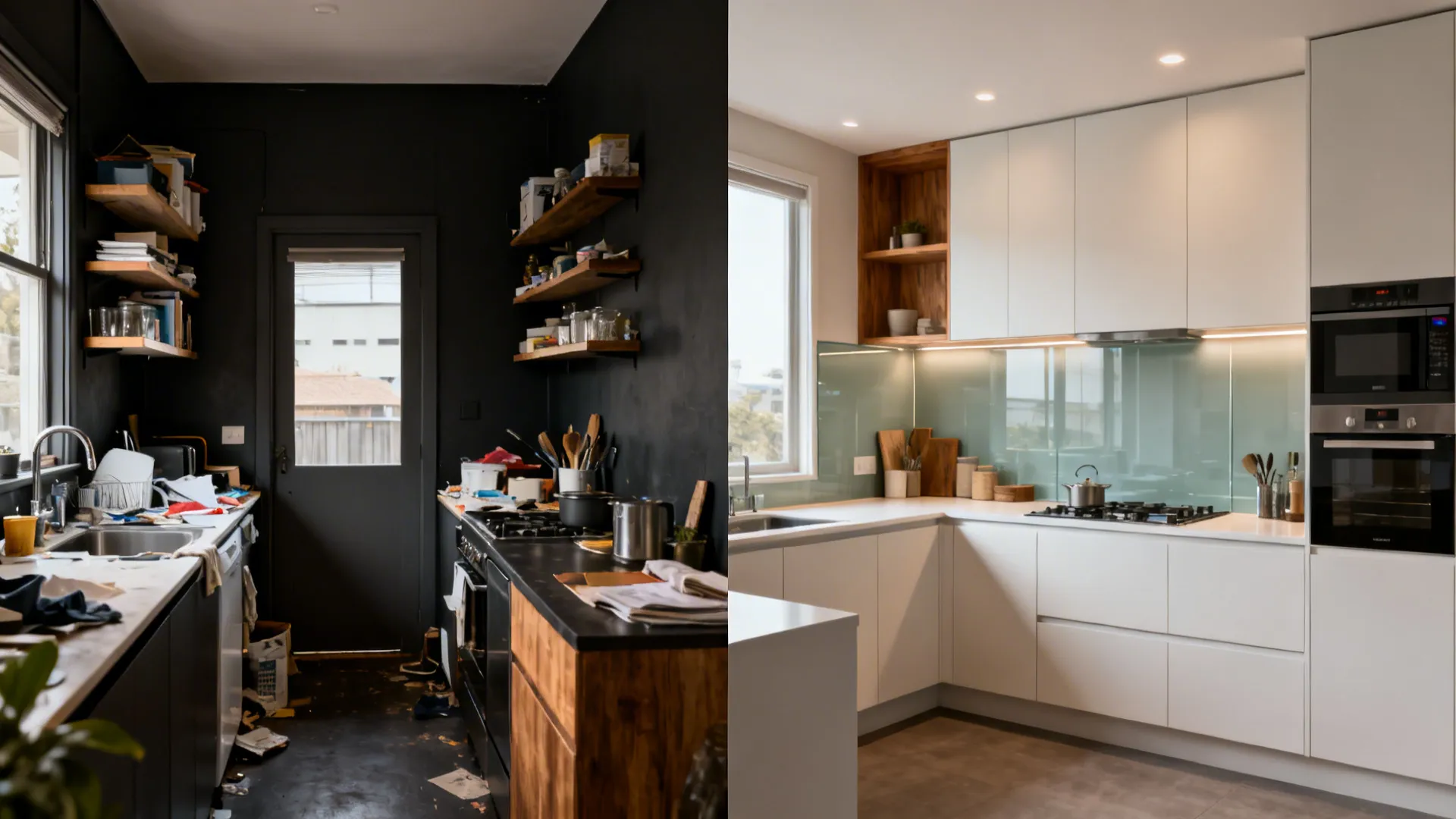 Before-and-after comparison showing a dark, cluttered kitchen transformed into a bright, minimalist coastal space.