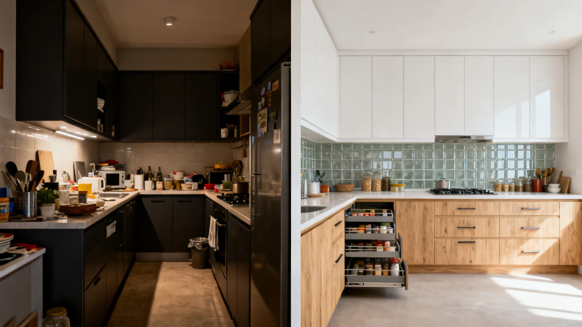 Split view showing a cramped kitchen before and a bright L-shaped cabinet layout after.