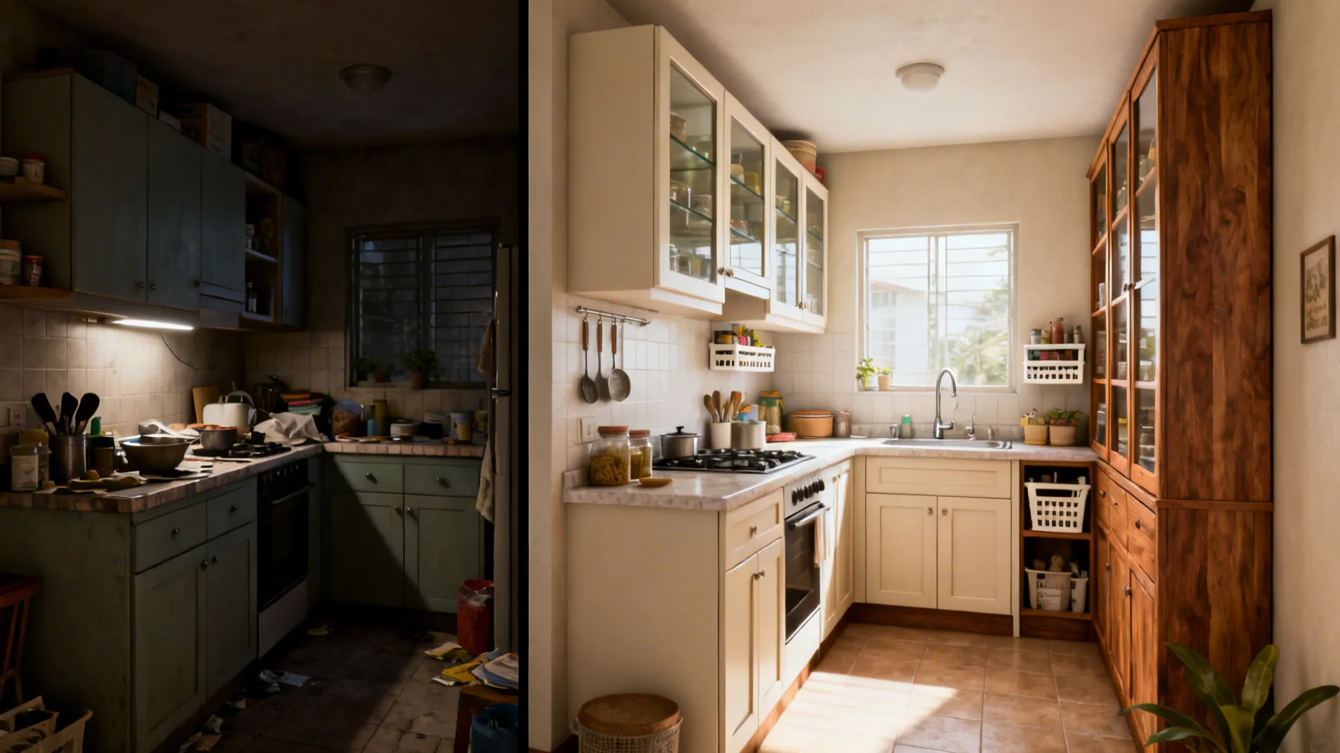 Before-and-after of a compact kitchen transformed with smart cabinets, glass uppers, and a tall pantry.