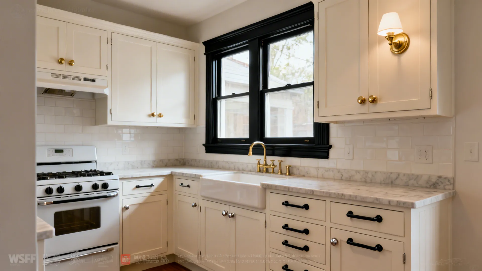 Before-and-after of a small rental kitchen showing a switch to black pulls and brass knobs.