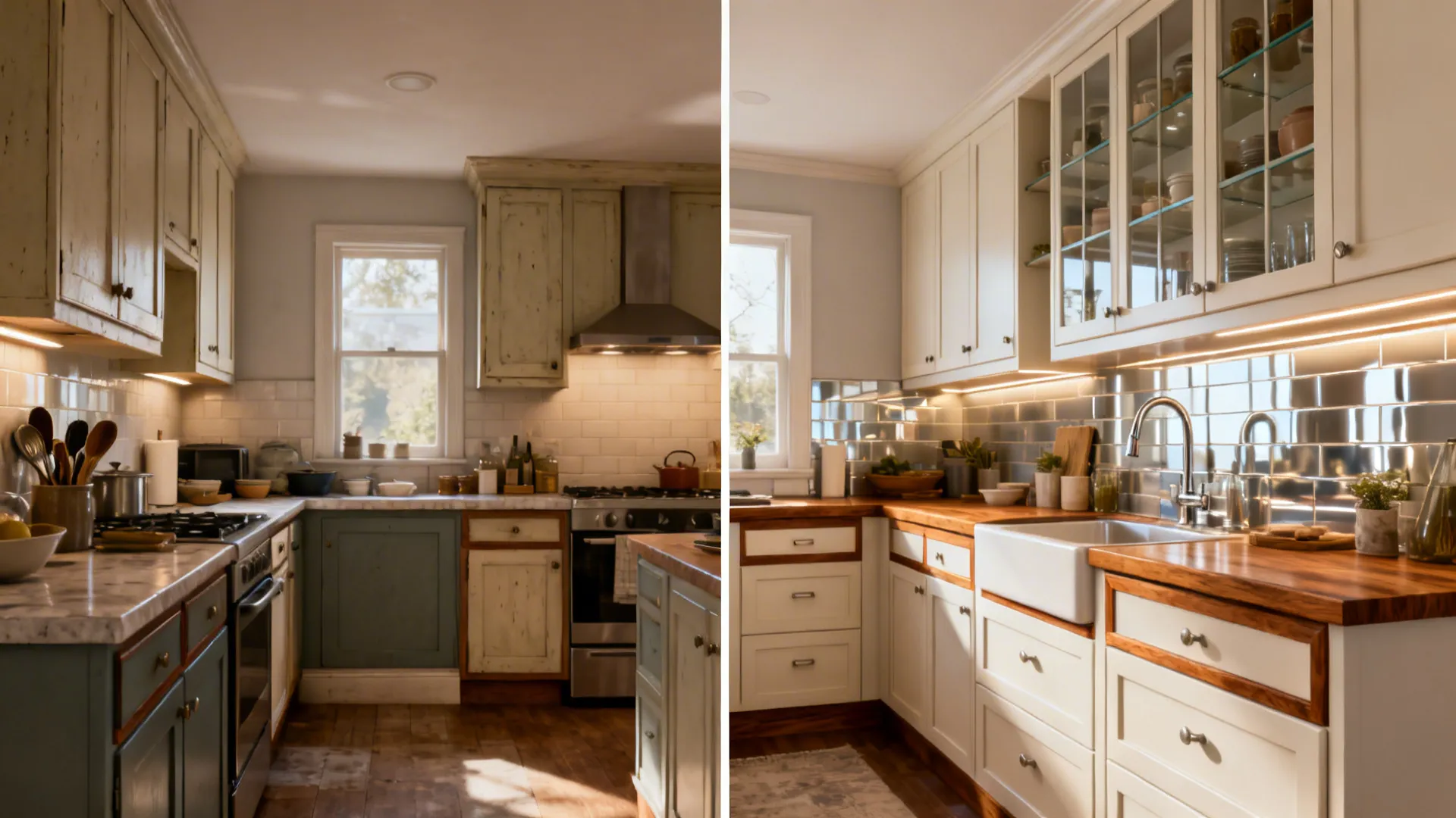 Before-and-after of a small kitchen showing the shift to tall storage, glass uppers, drawers, oak accents, and LED lighting.