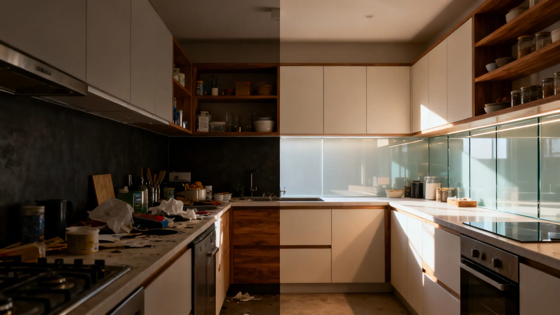 Before-and-after of a small kitchen transforming into a bright, efficient L-shaped space.