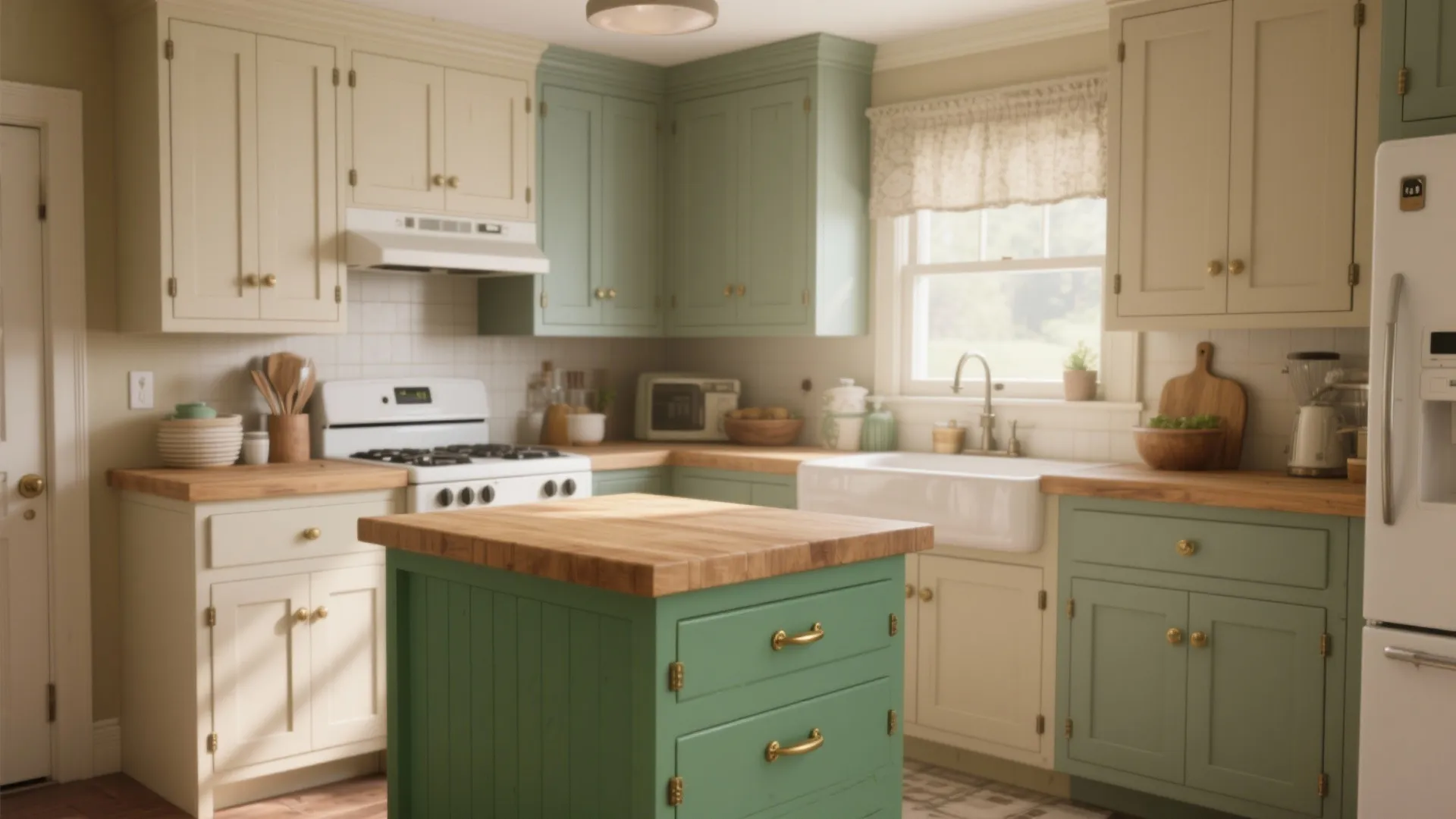 Cozy kitchen with green island white stove wooden counter tops light green cabinets and white sink