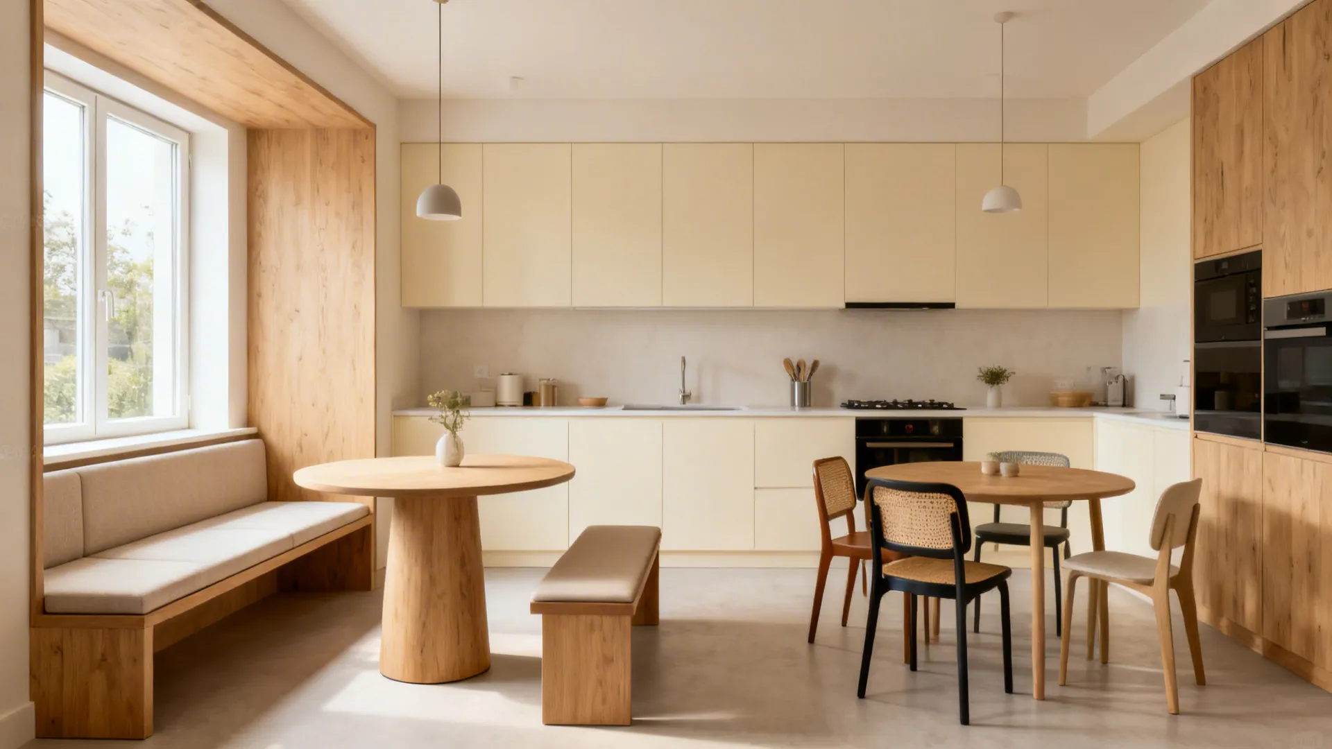 Compact kitchen showcasing bench configurations in a cohesive light wood and cream palette.