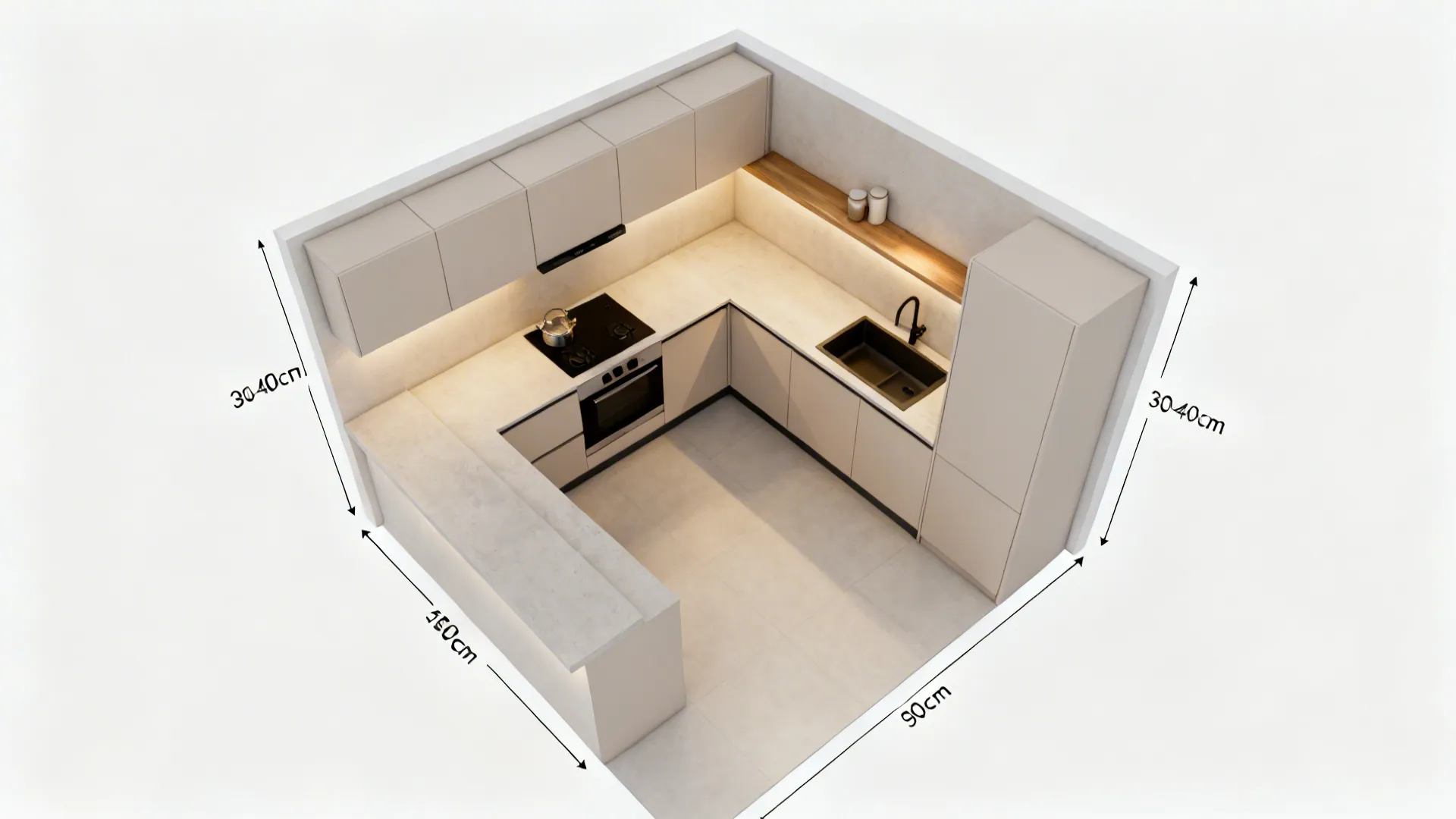 Top-down visual of L-shaped layout with clear work triangle and landing zones.