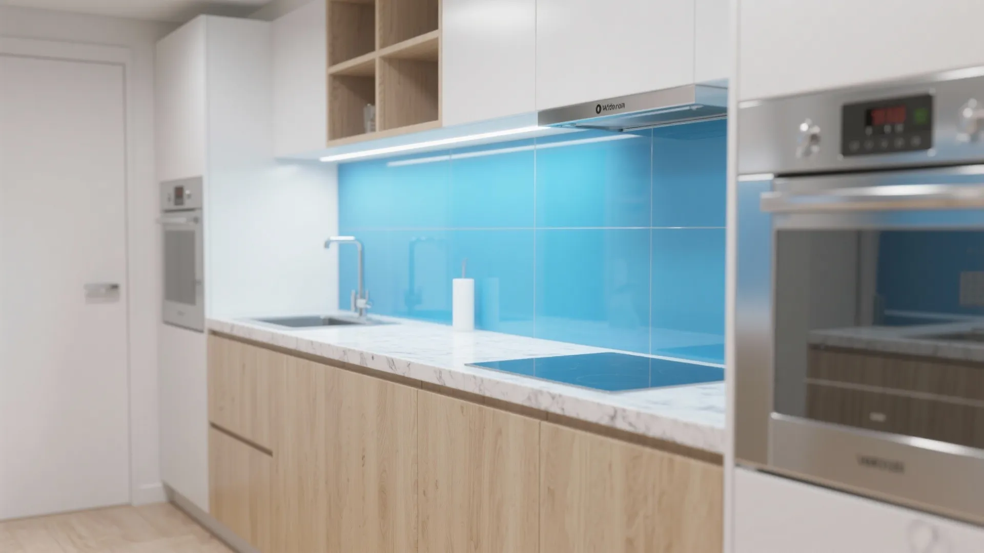 Sky blue in small kitchens: glossy backsplash or painted cabinets