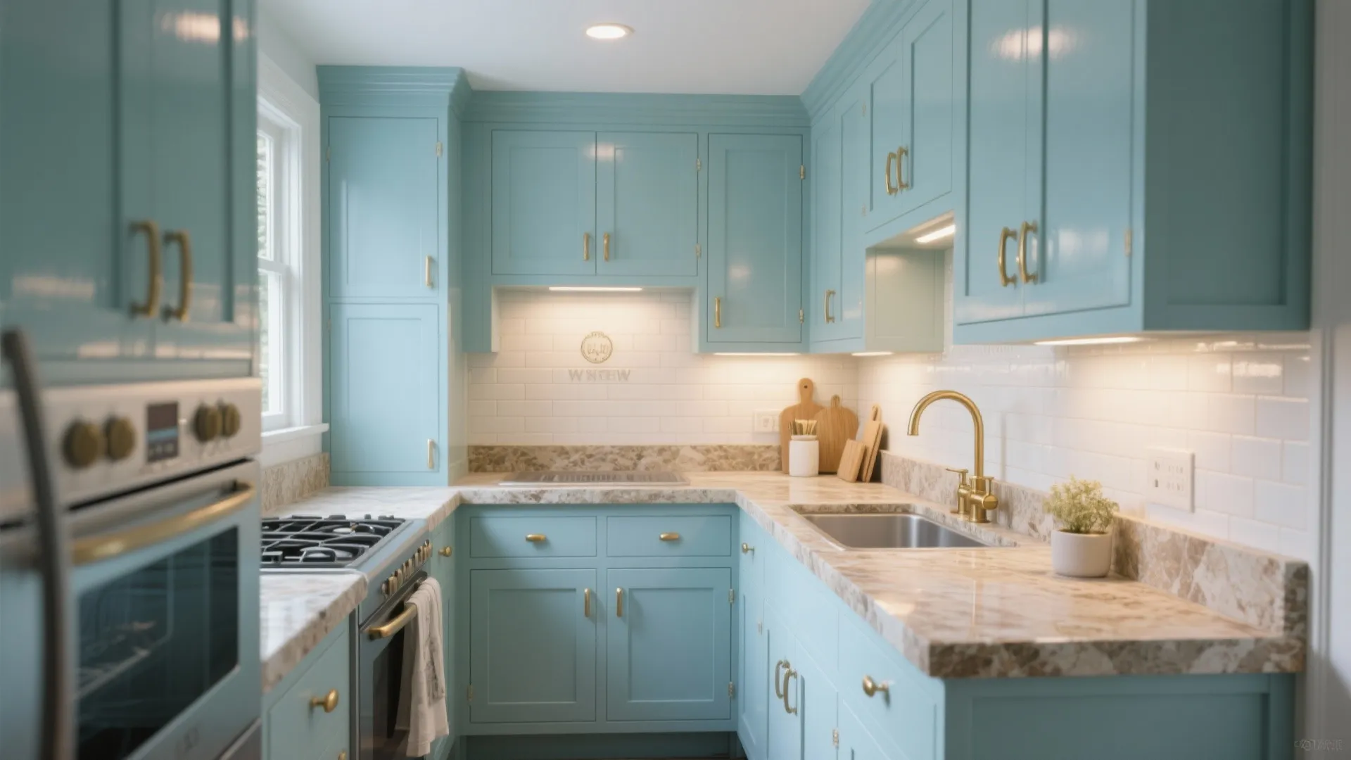 Small kitchen interior with light blue cabinets marble countertops gold hardware stove sink and white tiles