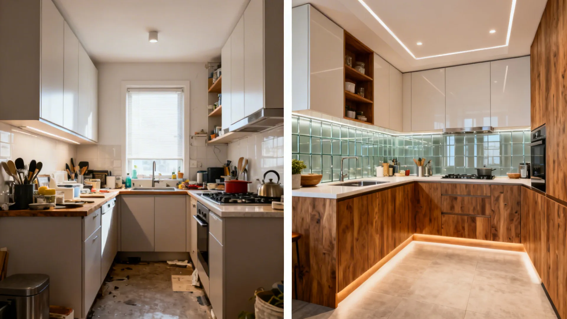 Before-and-after of a small kitchen transformed with L-shape, glass splash, tall cabinets, and wood accents.
