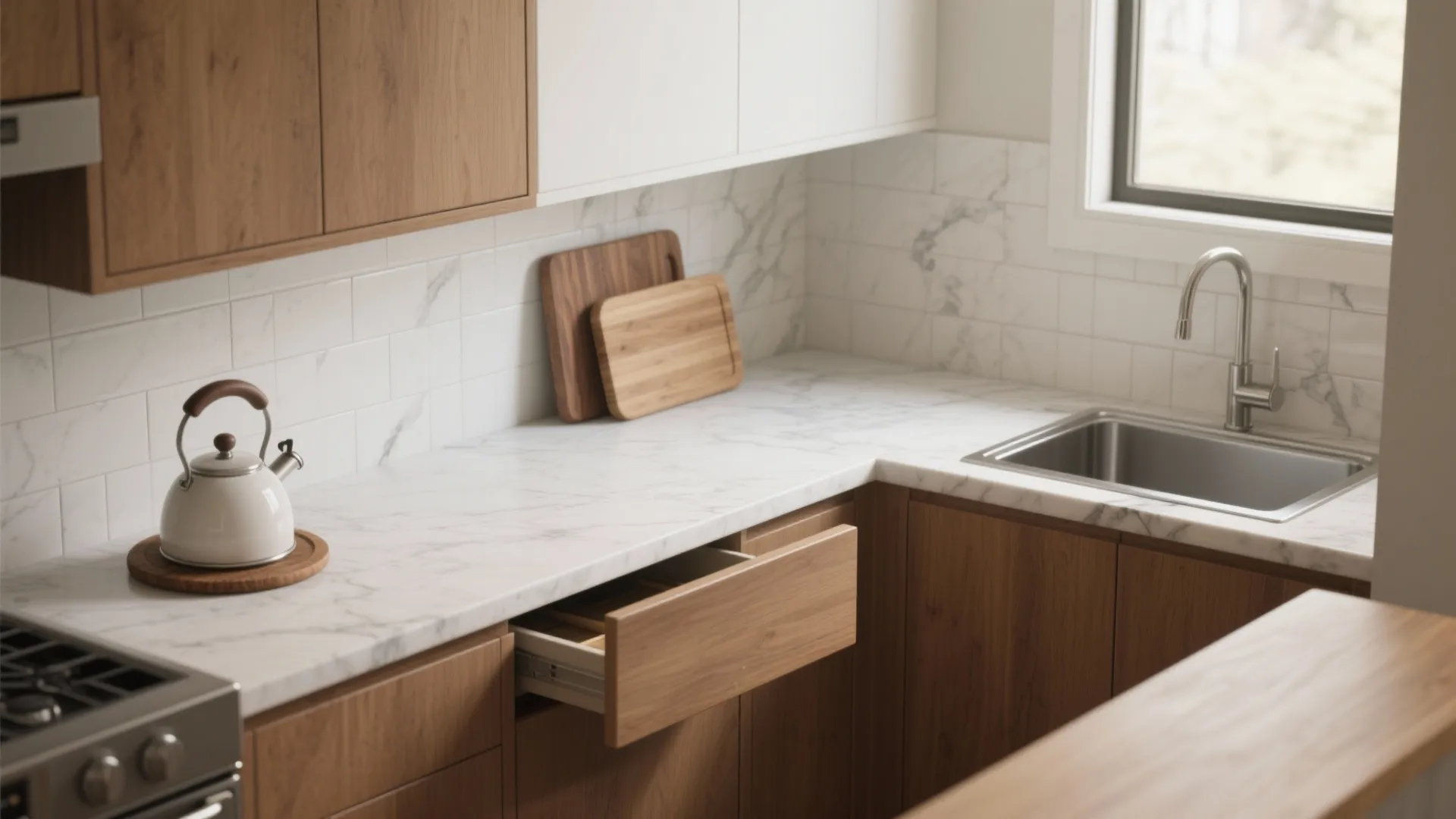 Small kitchen with wooden cabinets white marble countertop sink faucet white teapot and open drawer