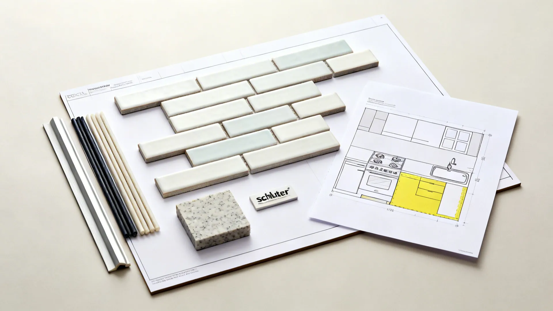 Top-down layout of tile samples, trims, grout sticks, and a backsplash plan for smart budgeting.