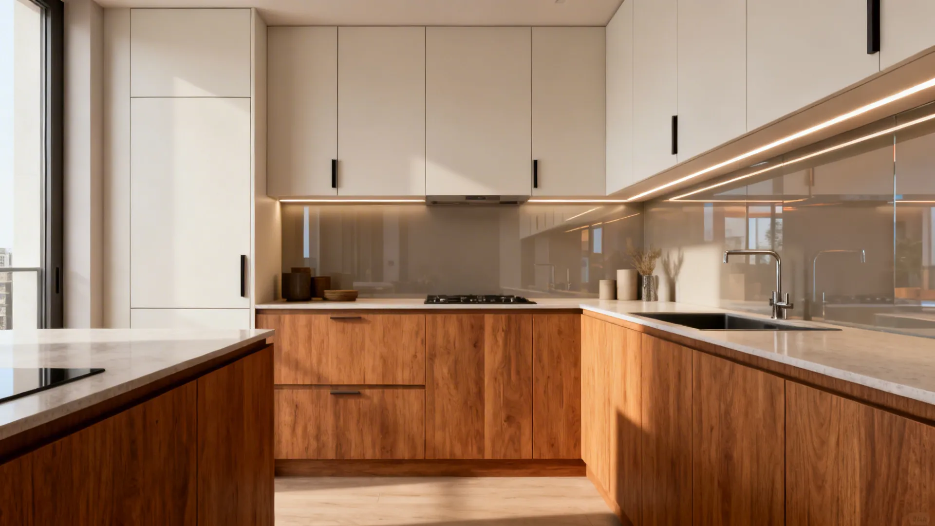 Modern kitchen design with white upper cabinets, wood lower cabinets, stone countertop, and integrated lighting