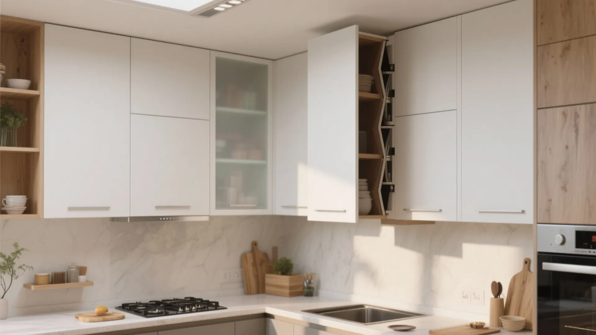 White modern kitchen corner featuring upper wall cabinets with one open door showing internal shelving storage