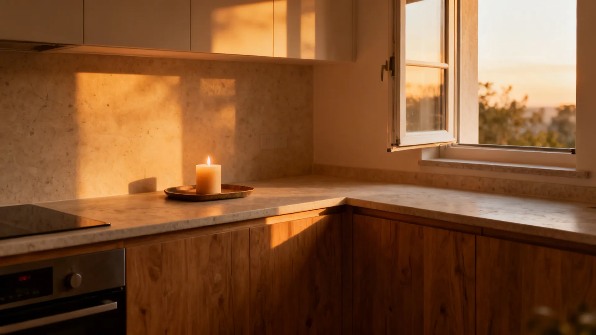 Small kitchen at golden hour with one neutral candle and a slightly open window for fresh air.