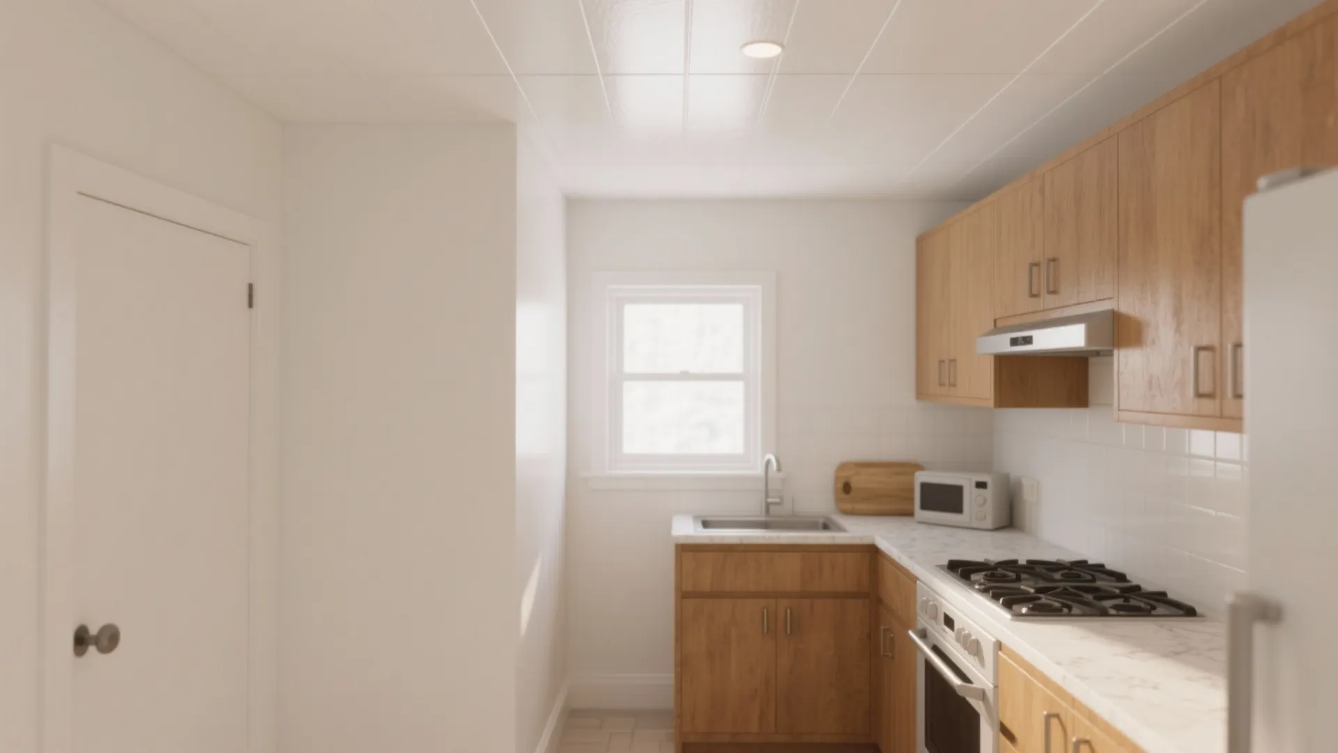 Small kitchen featuring wood cabinets white walls white ceiling sink window microwave and a stove