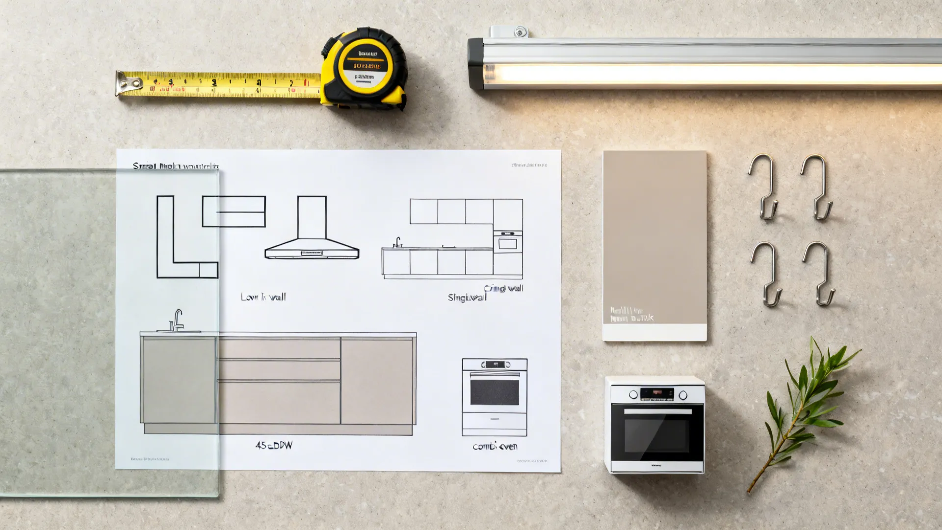 Top-down kit of layout icons, material swatches, compact appliances, and lighting for small kitchens.