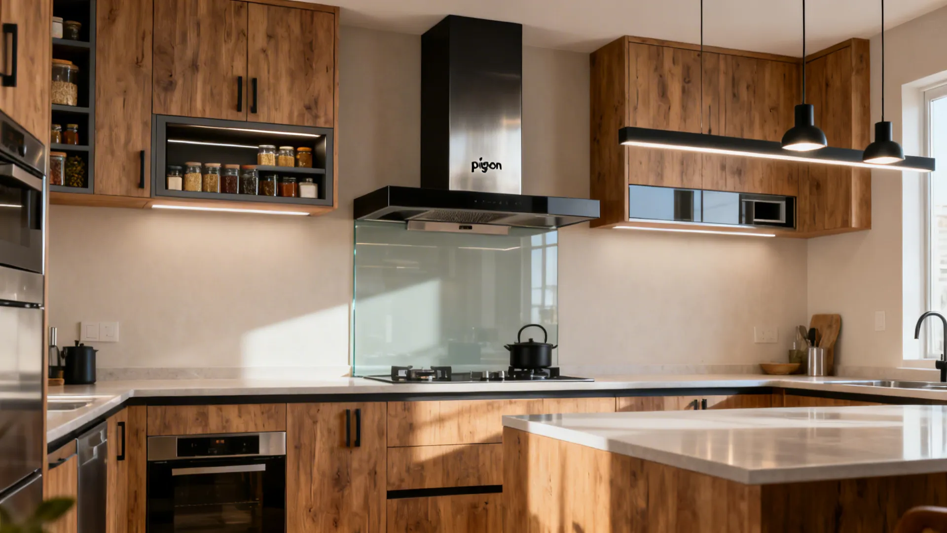 Wooden kitchen with black range hood glass backsplash island black ceiling lights and glass jars