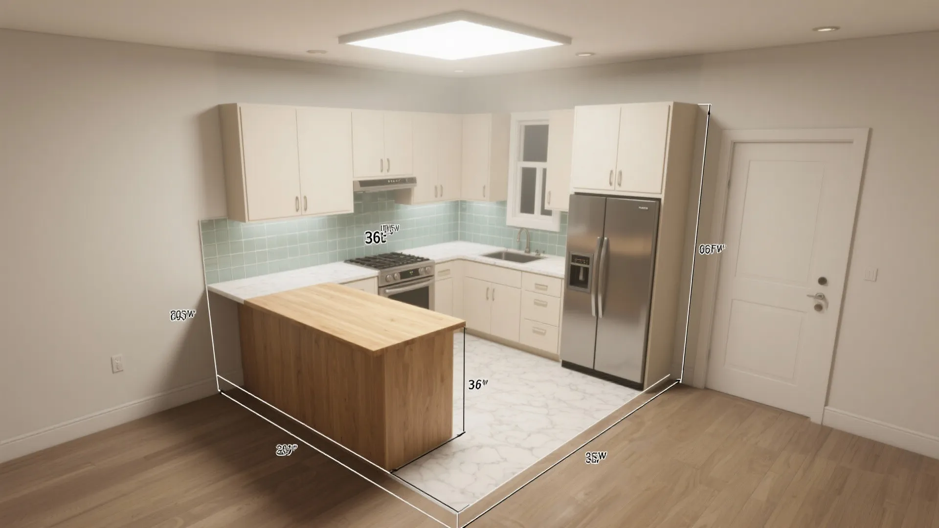 Modern kitchen interior design drawing showing white cabinets wooden island and floor plan clearance measurement labels