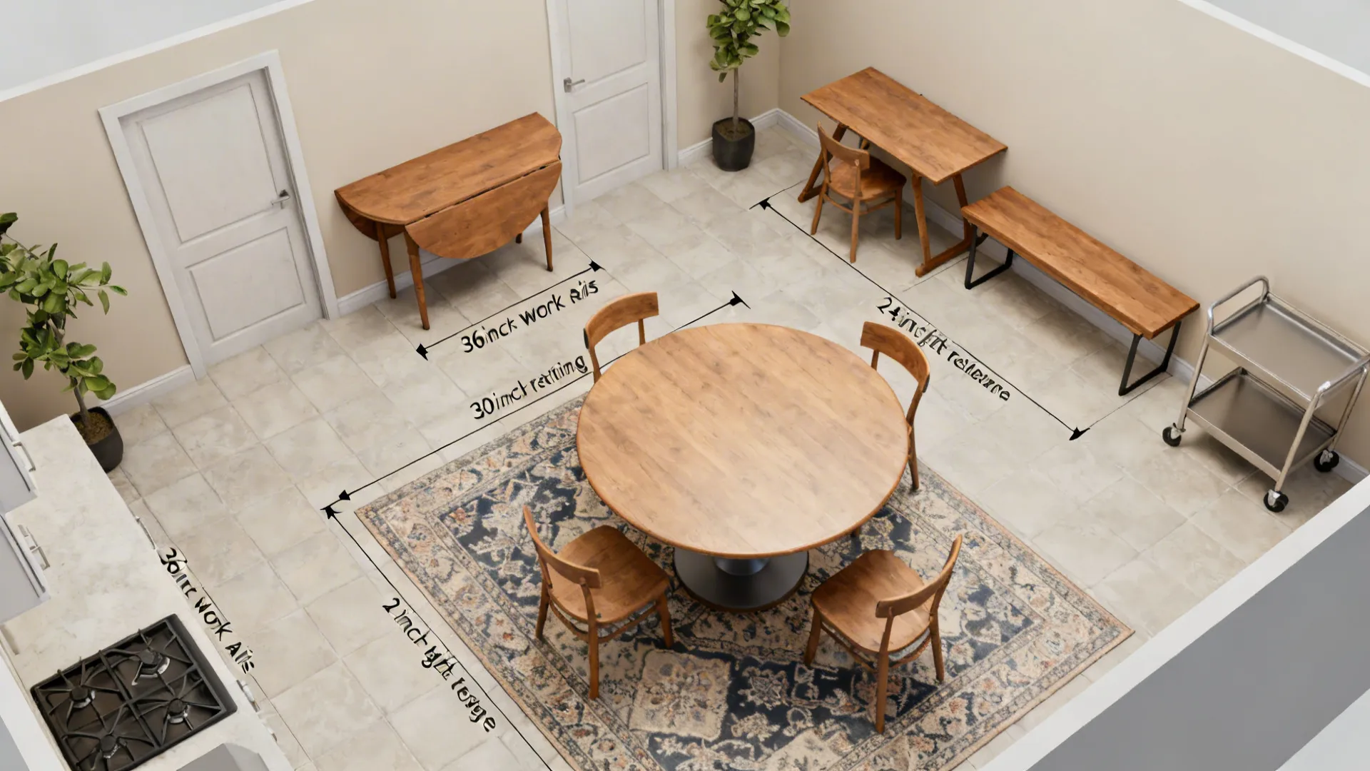 Top-down small kitchen plan showing aisle and seating clearances with compact table options.