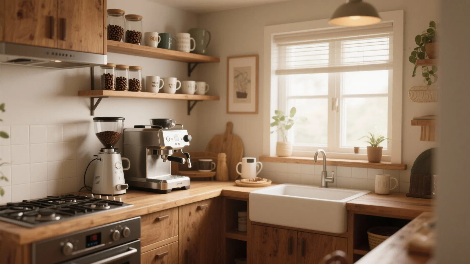 Small kitchen coffee station with wood countertop coffee machine white sink and open wall shelves