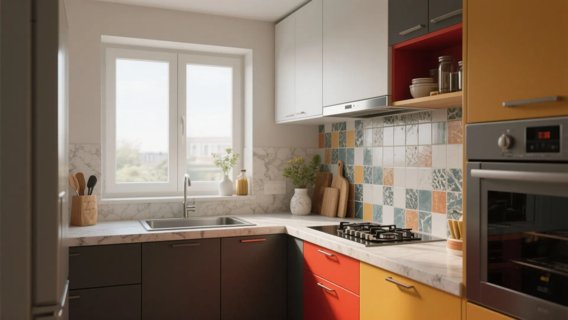 Modern colorful kitchen with white marble countertop colorful tile backsplash grey red and yellow cabinets