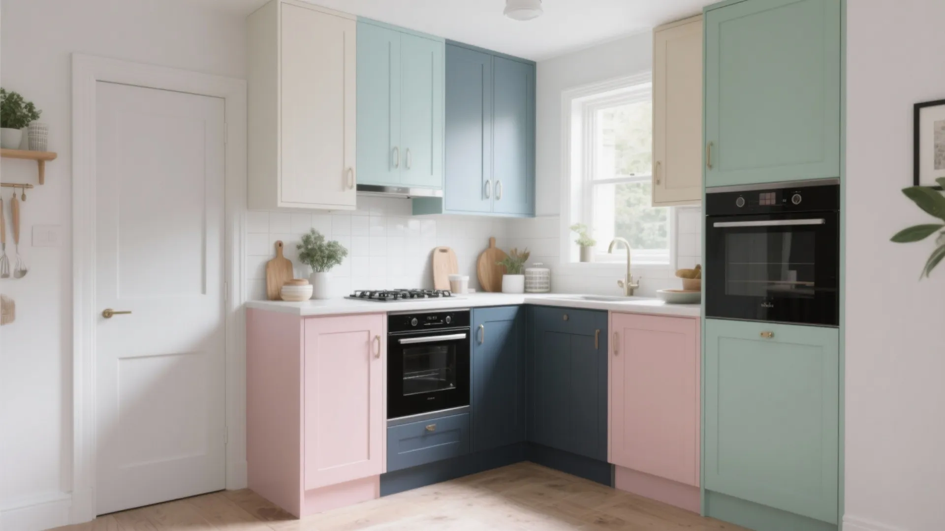 Colorful kitchen design with pink blue and green cabinets in a bright L shaped room