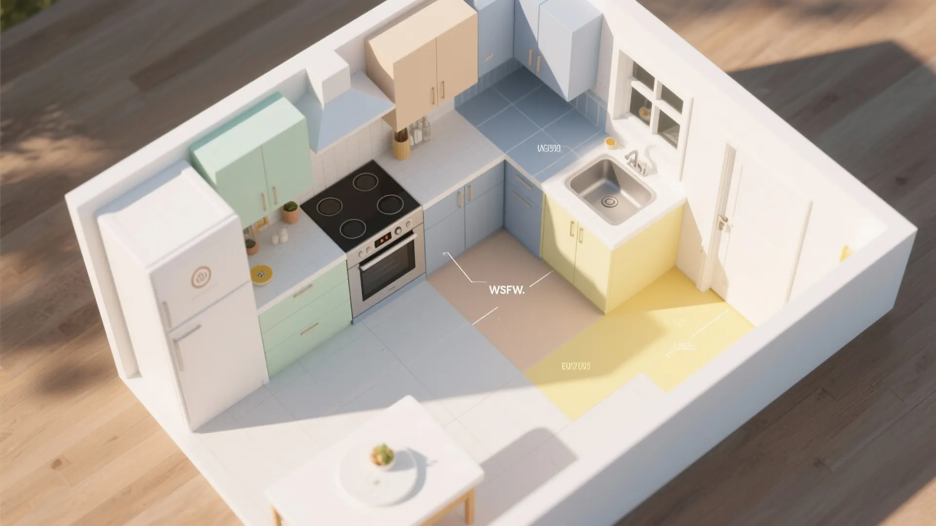 Top-down view showing paint color layout in a small kitchen