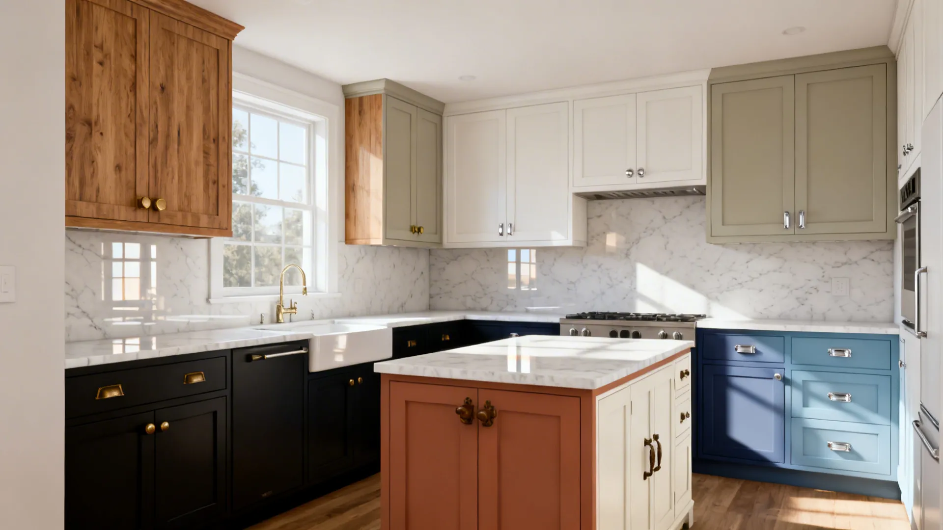 Modern kitchen interior design drawing with colorful cabinets marble backsplash and a central kitchen island