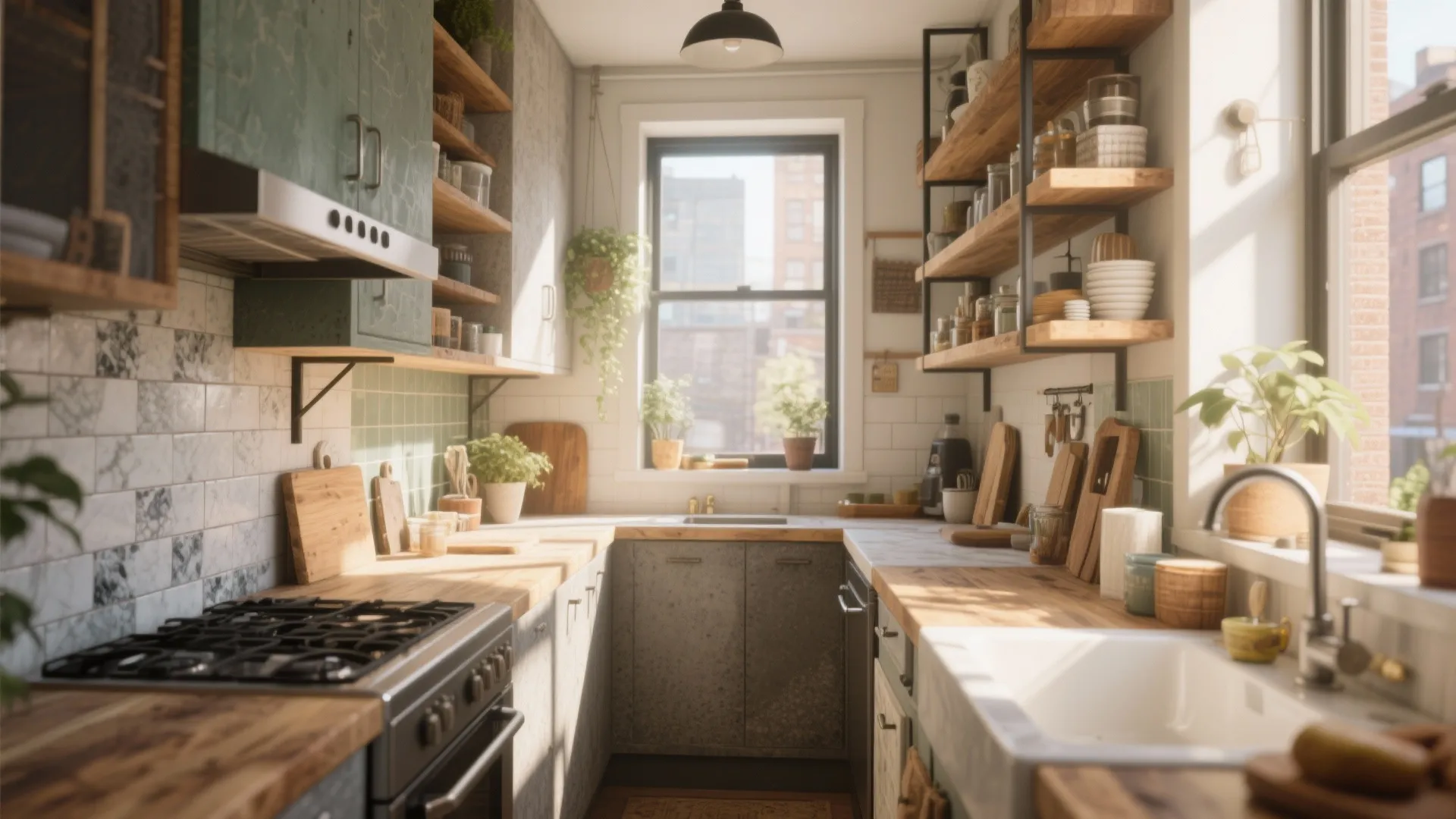 Small apartment kitchen with wooden countertops open wall shelves green cabinets and bright window view