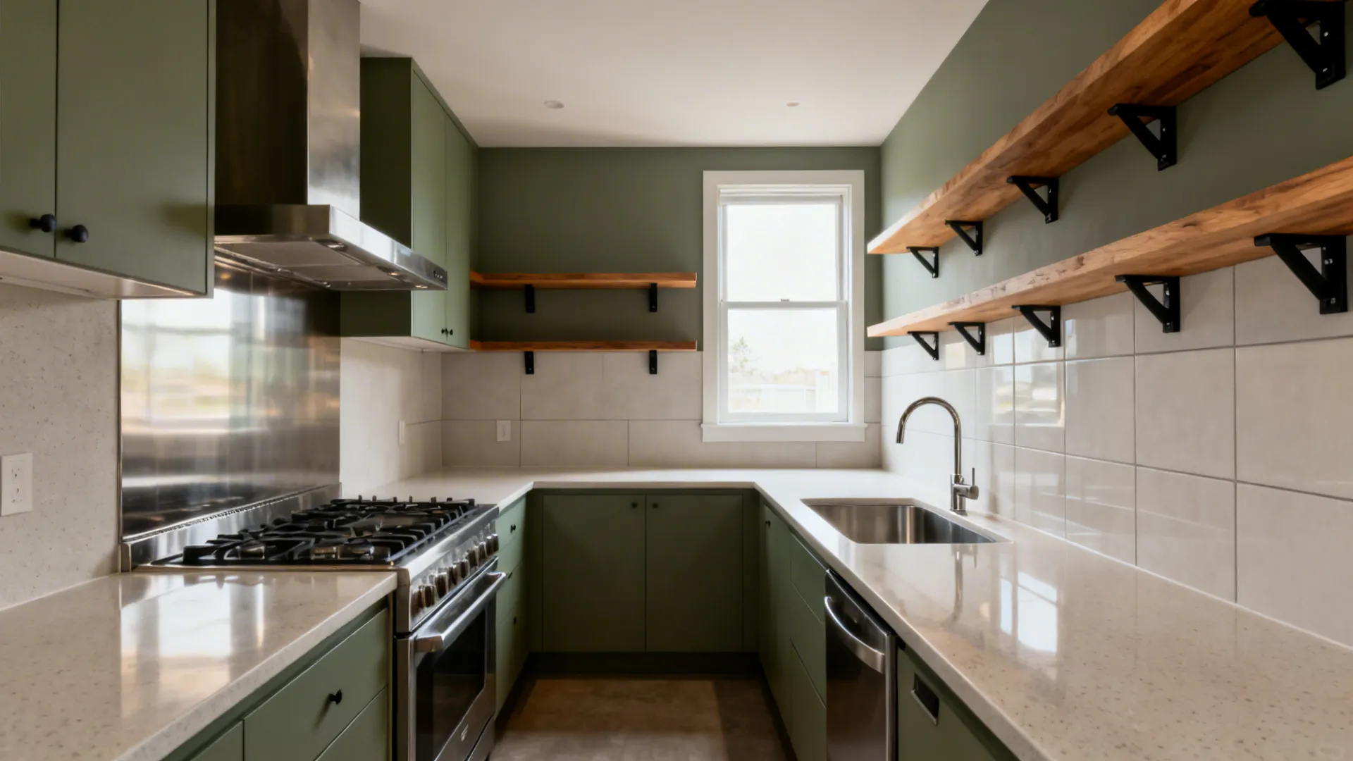 Modern green kitchen with white counters wooden shelves gas stove sink and window for natural light