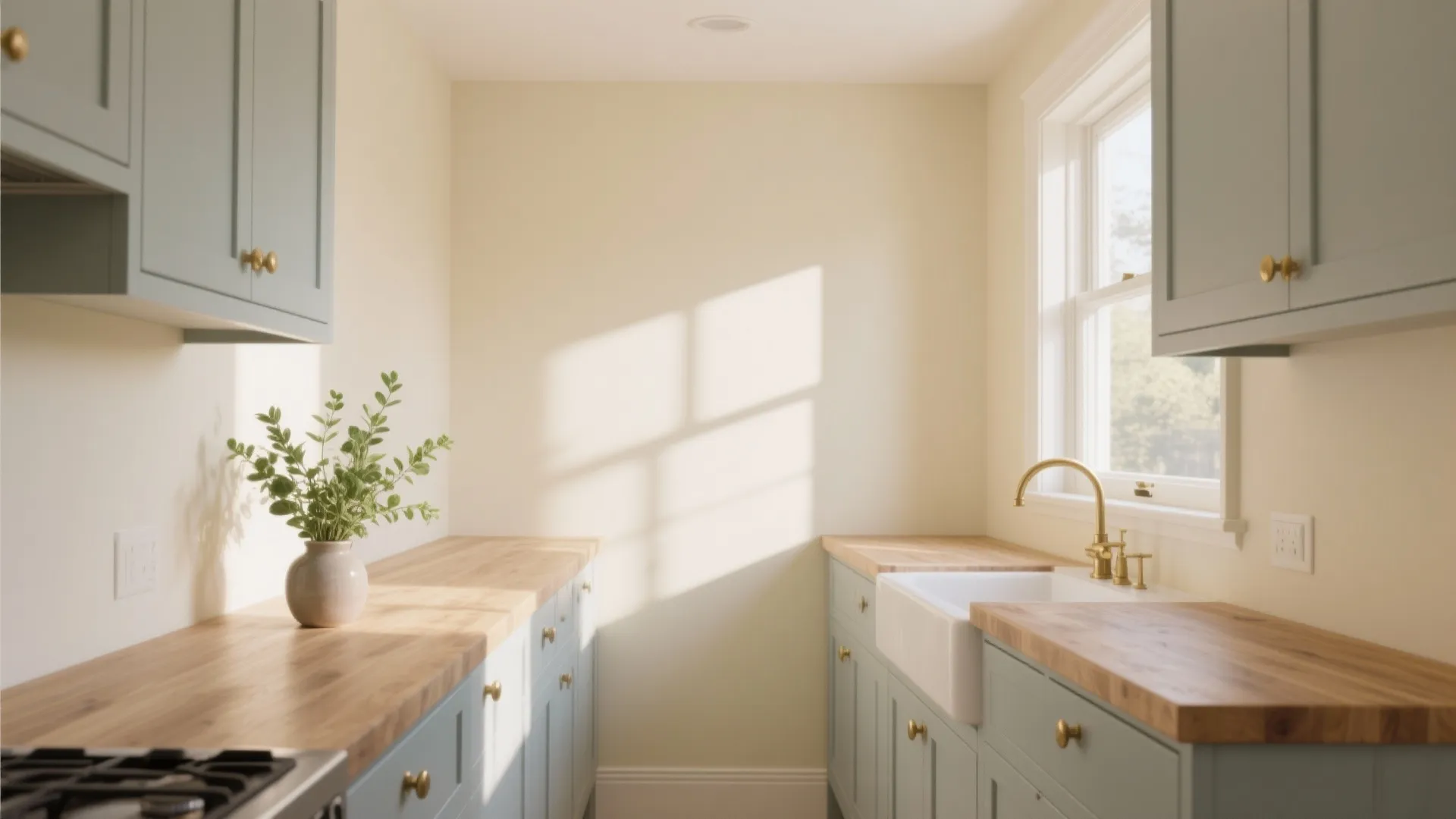 Small cream kitchen with blue cabinets wooden countertop white sink gold tap and bright window light