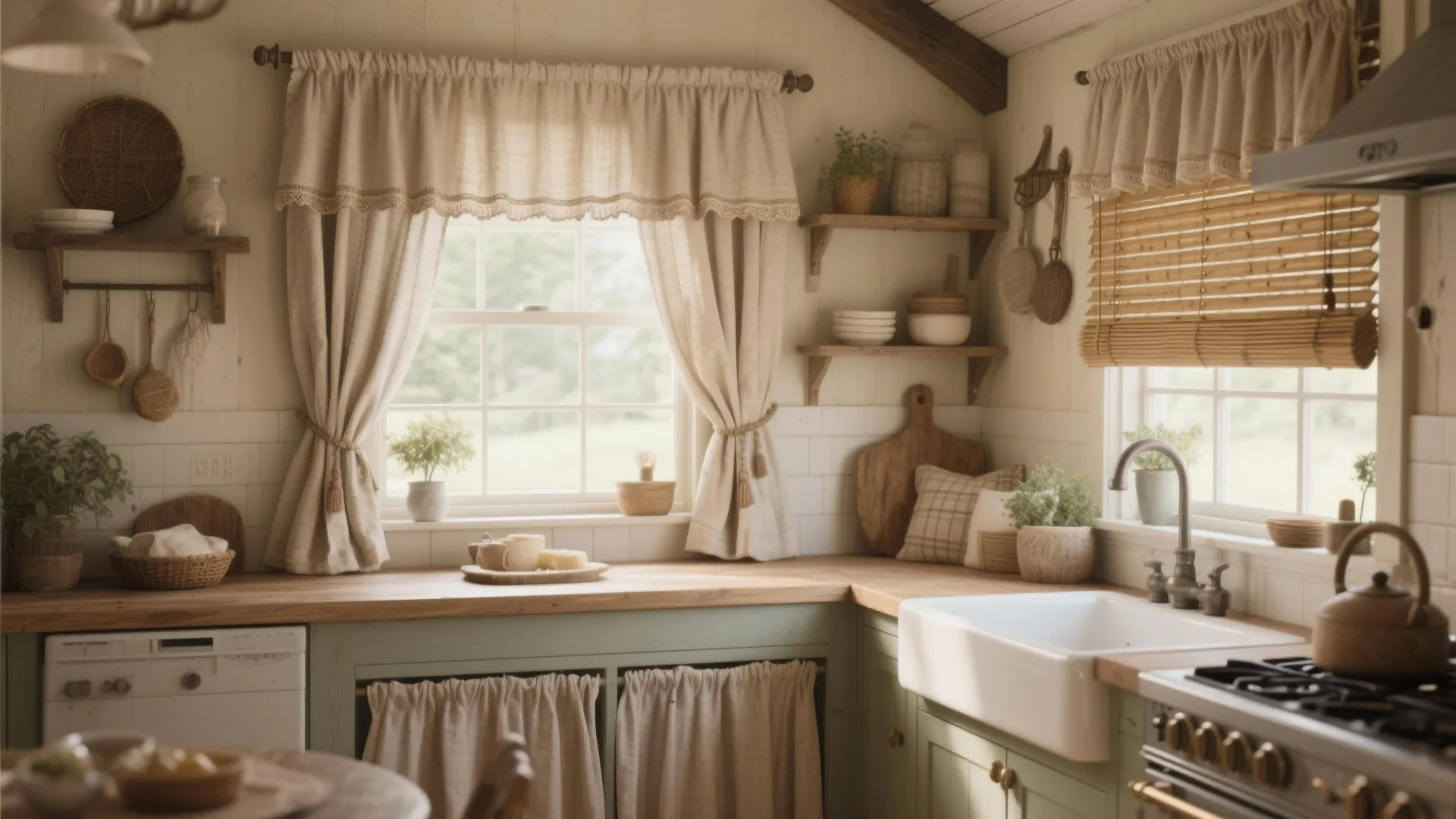 Rustic kitchen with cream window curtains wooden countertop white sink green cabinets and bamboo blind