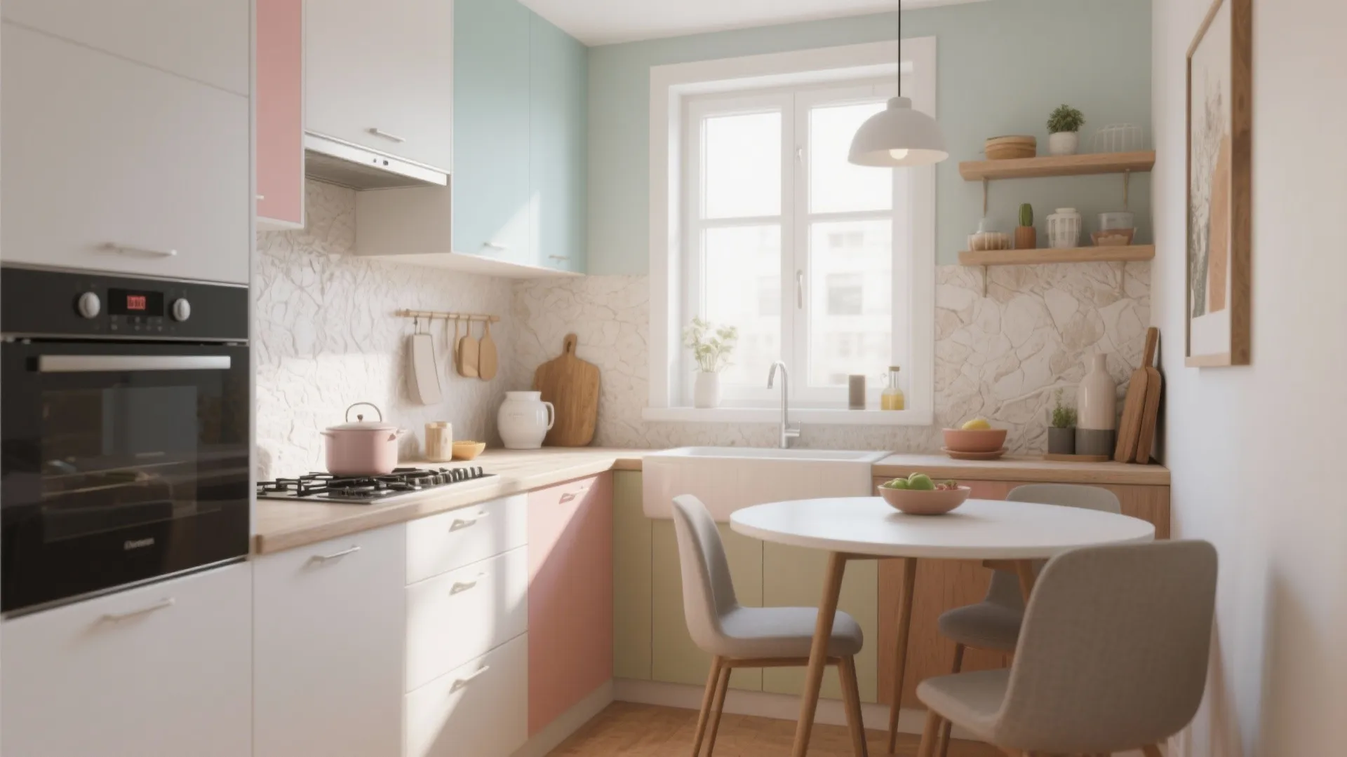 Bright pastel kitchen with white oven wooden counters round dining table and large window for light