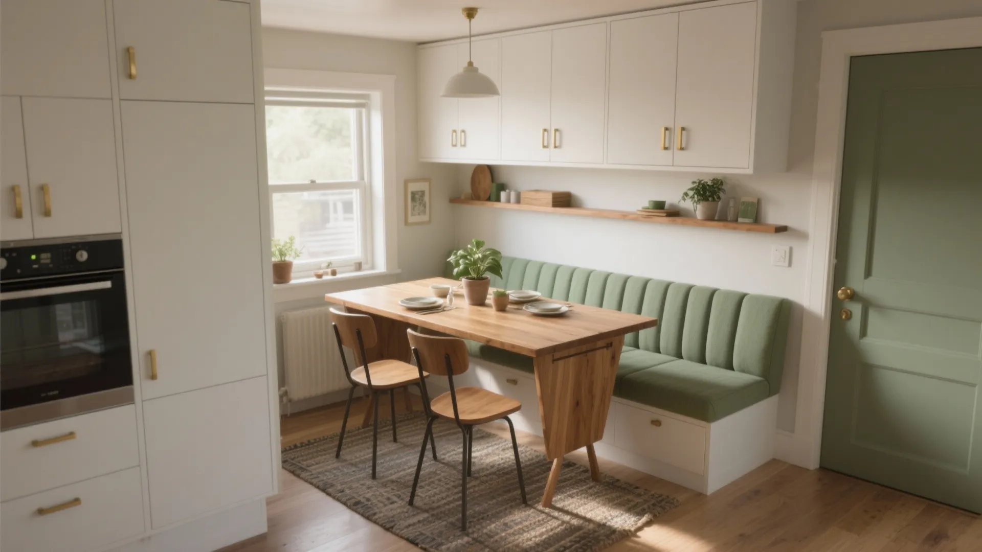 Modern small kitchen with white cabinets green door wooden table and built in cushioned bench seat