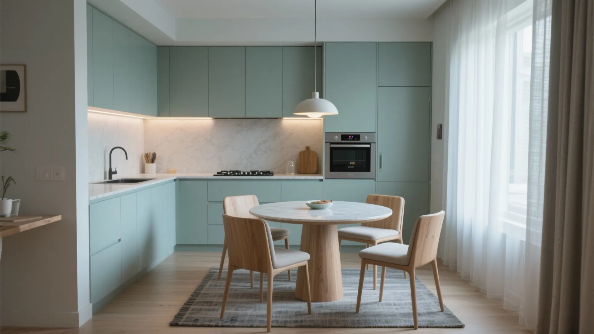 Modern mint green kitchen and dining area with marble table wood chairs and ceiling light