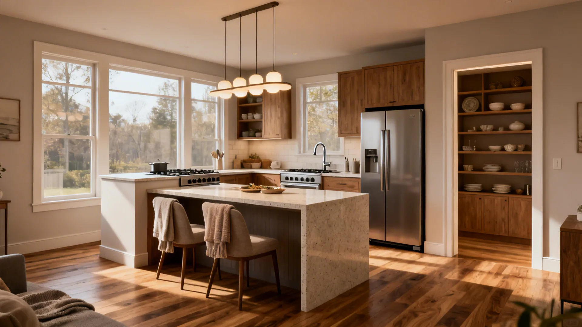 Modern kitchen with wooden cabinets, marble island, two chairs, metal fridge, and large bright windows