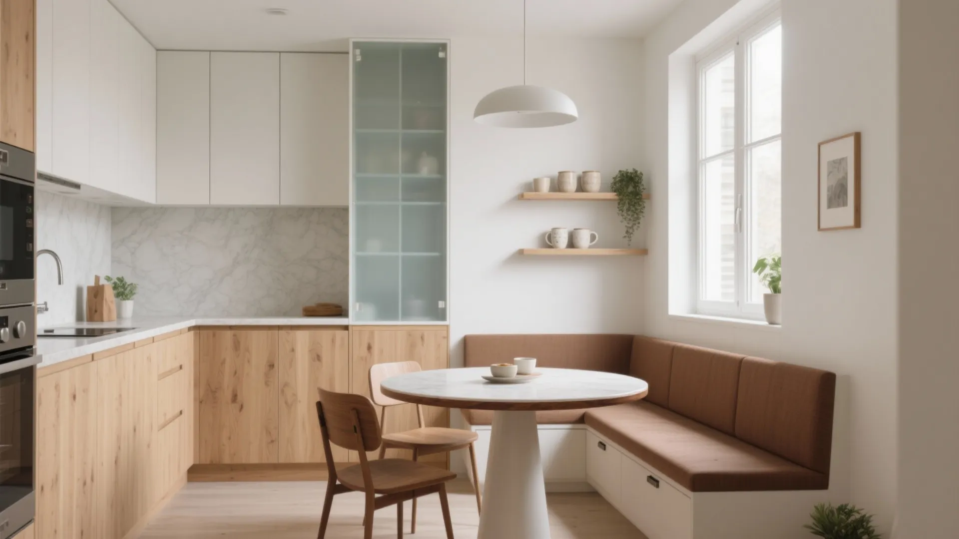Modern kitchen with wood cabinets, white marble counter, round dining table, and brown corner seating bench