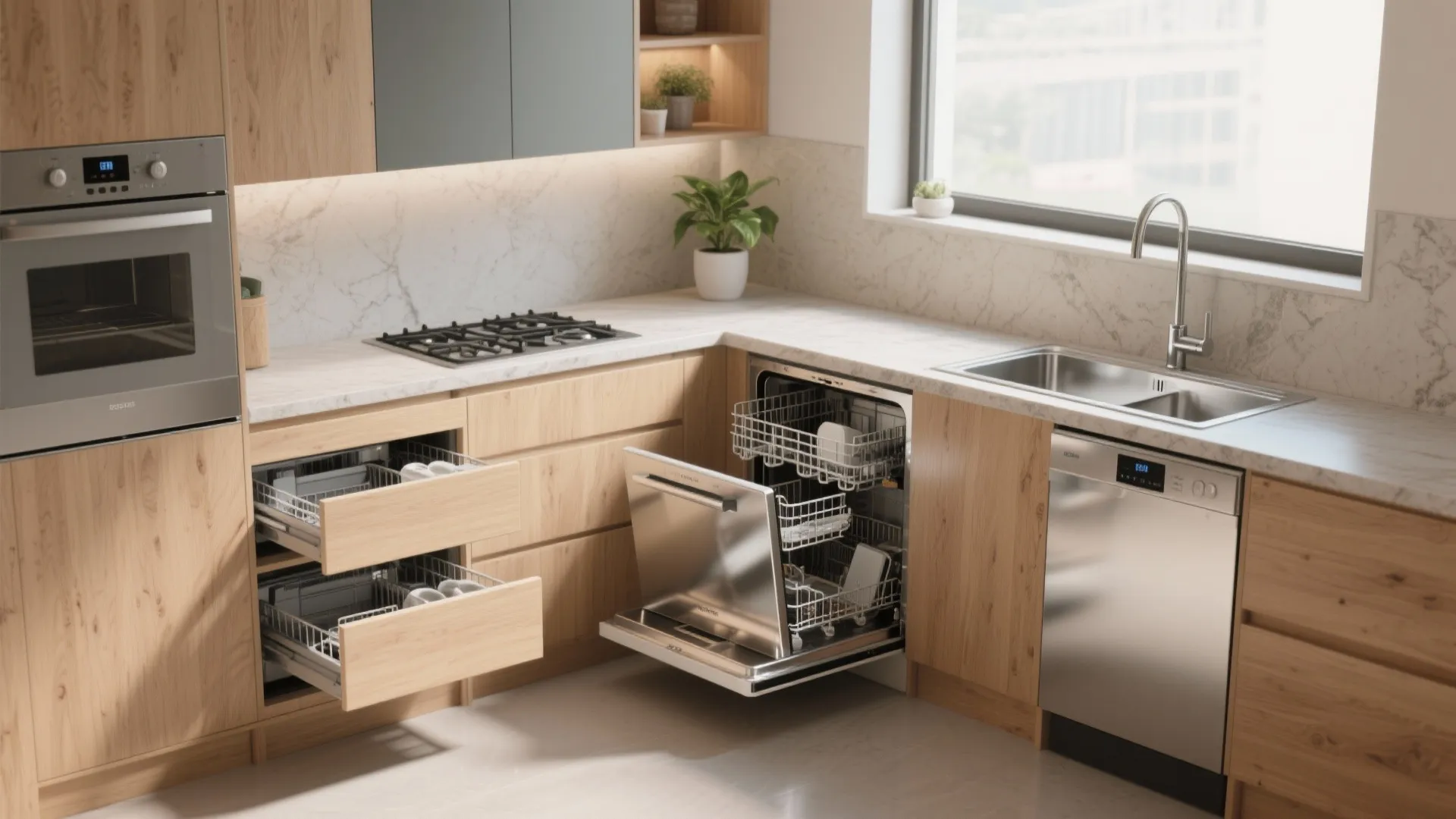 Modern kitchen with wood cabinets white marble counter open dishwasher silver oven and window light